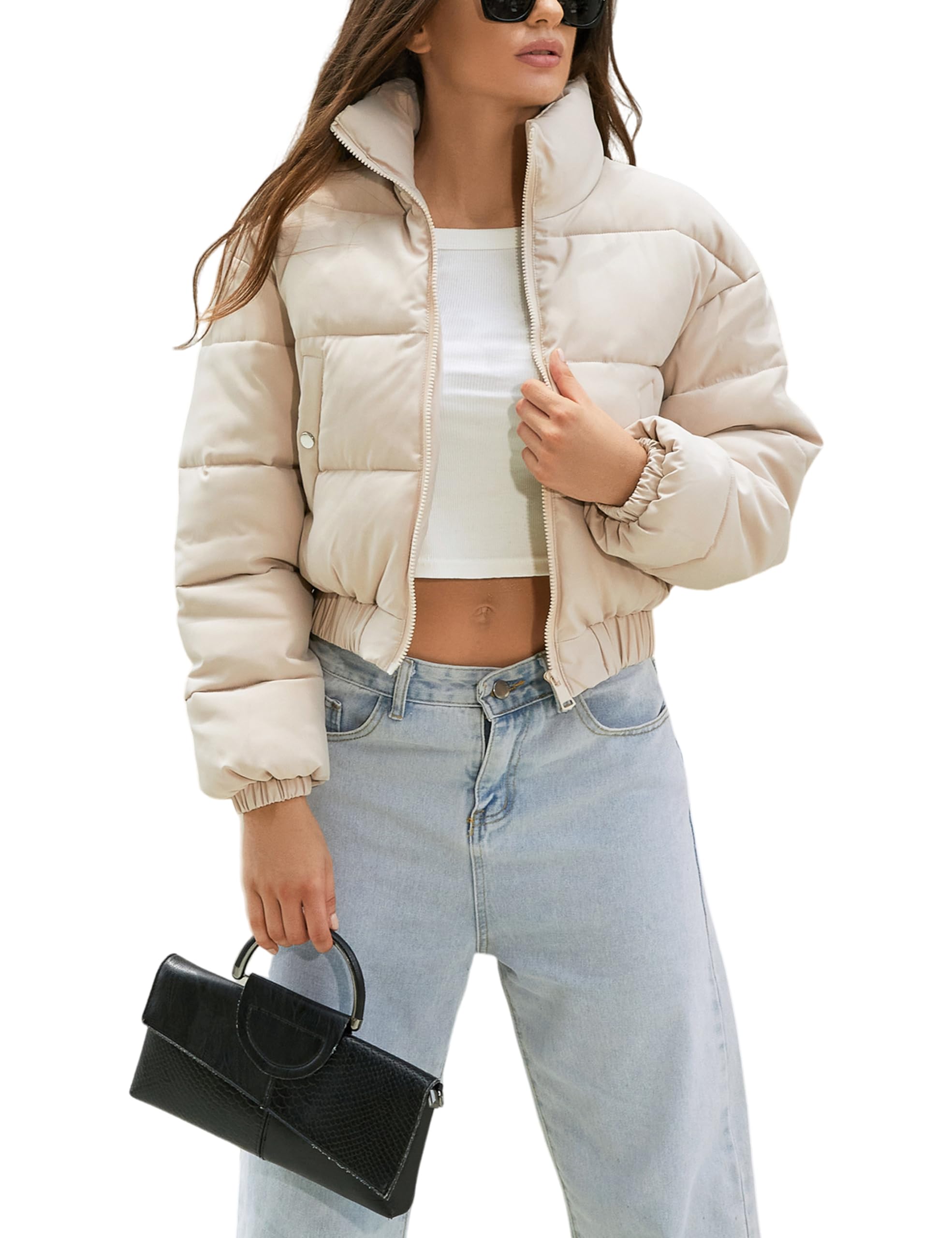 YeokouWomen's Cropped Puffer Jacket Black Stand Collar Zip Up Short Bubble Coat with Pockets