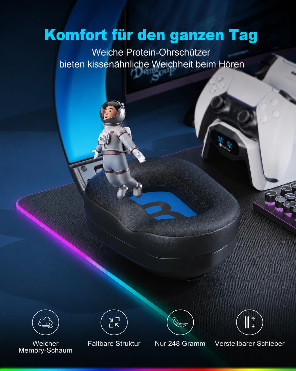 Fachixy Wireless Gaming Headset mit Mikrofon für PS5, PS4, PC, Switch, Mac und Laptop, 2,4GHz Low Latency USB & Bluetooth, faltbar mit LED-Licht, Surround Sound und 80 Std. Akkulaufzeit