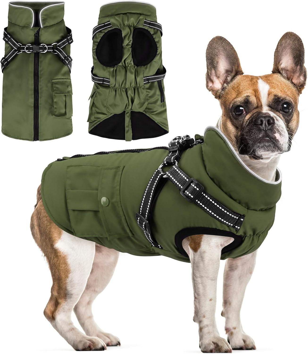 Dog Winter Coat with Harness Built-in | Waterproof Dog Jacket with Zipper & Fleece Lining | Reflective Cold Weather Coat for Small Medium Large Dogs Small Army Green