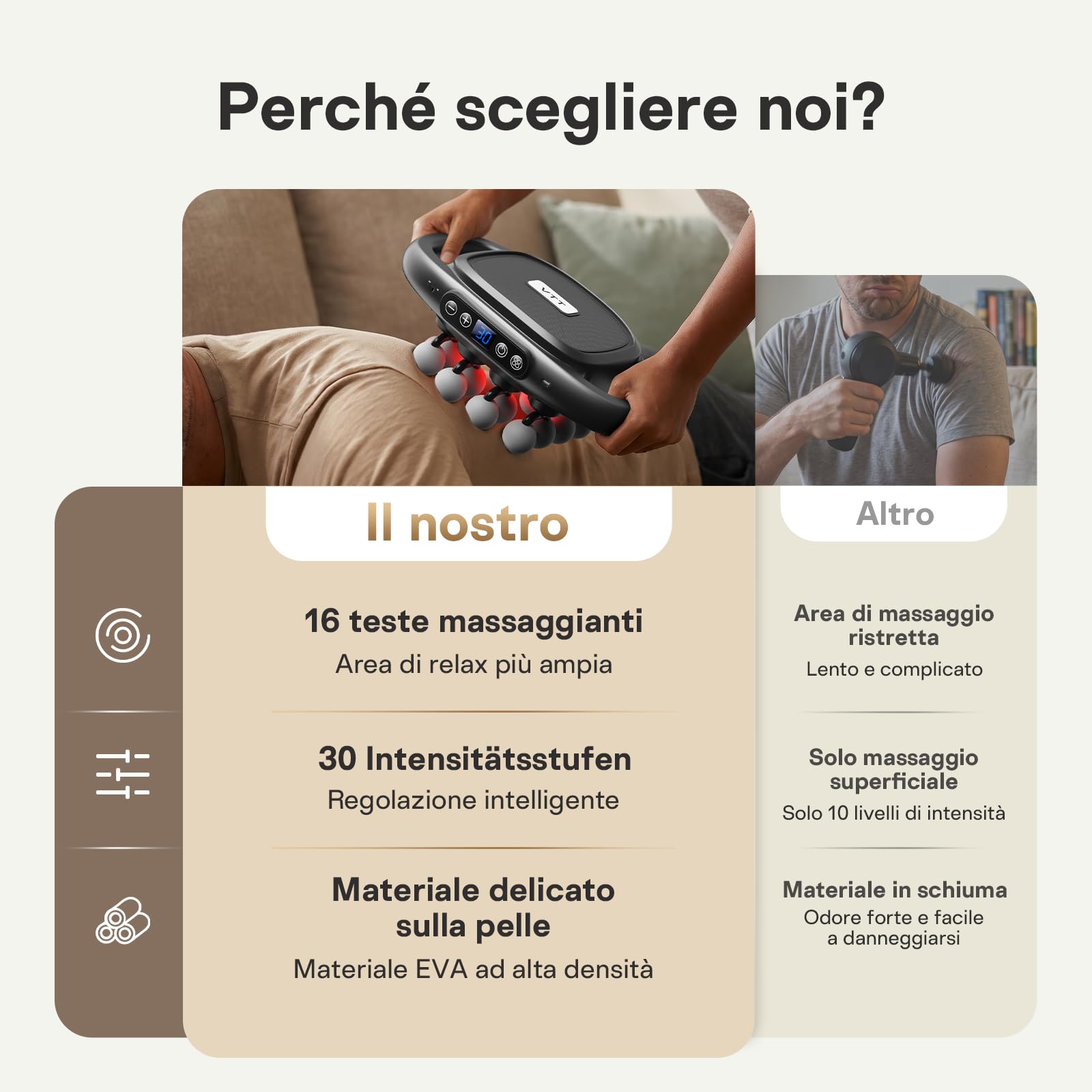 Pistola massaggio muscolare VTT, massaggiatore elettrico silenzioso con 16 testine, 3 modalità e 30 livelli di intensità, ideale per alleviare tensioni e dolori a spalle, schiena e gambe