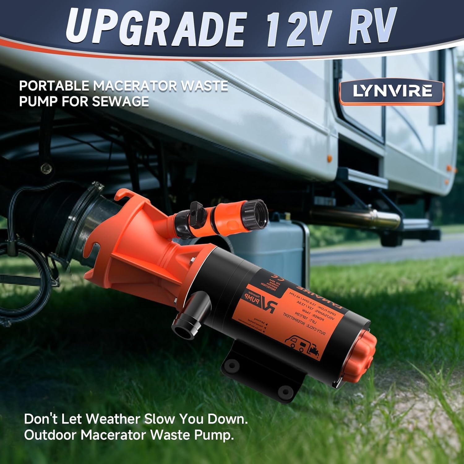 RV Macerator Pump 12V,Portable Macerator Waste Pump,12GPM Suction 3.2 feet Lift 10 feet with Garden Hose Discharge Port,Quick Release Sewage Pump with Fresh Water Rinse and Manual Crushing Function.
