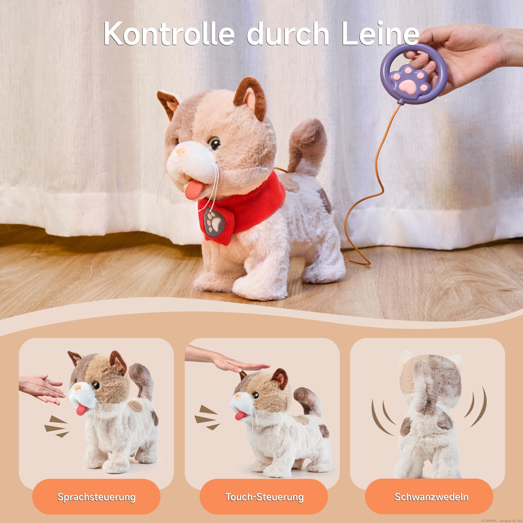 TUMAMA KIDS Elektronische Haustiere, Katze Spielzeug Kinder, Roboter Kuscheltier Plüschtiere Katze, Spazierengehen, Singen, Zunge lecken, Leine fernsteuern, Spielzeug ab 3 jahr, Geschenk Mädchen Junge