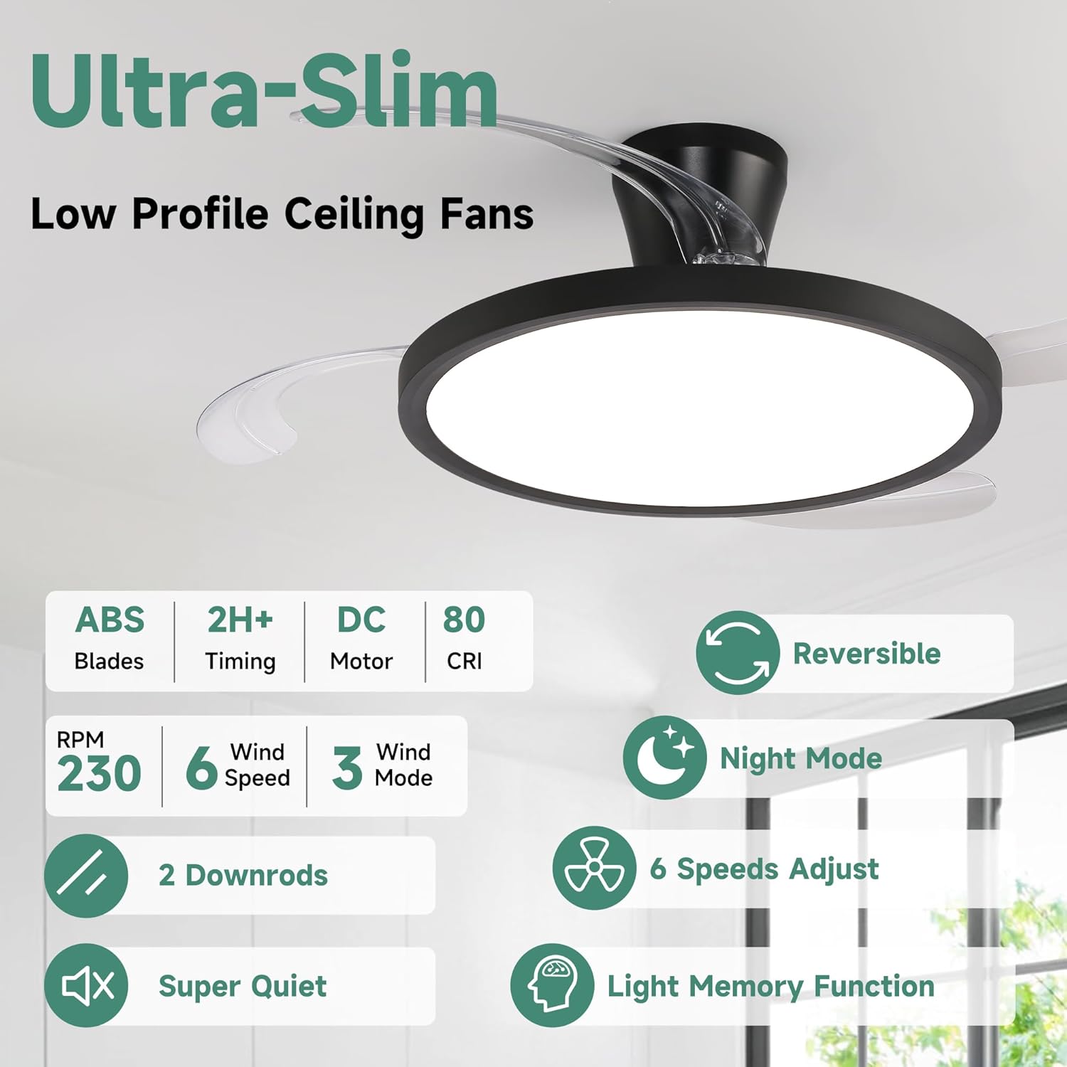 Slim Retractable Ceiling Fans with Lights and Remote Control, 48 inch Black Low Profile Ceiling Fan,20W Dimmable LED,Timer Setting,Memory Function Modern Chandelier for Living Room Bedroom