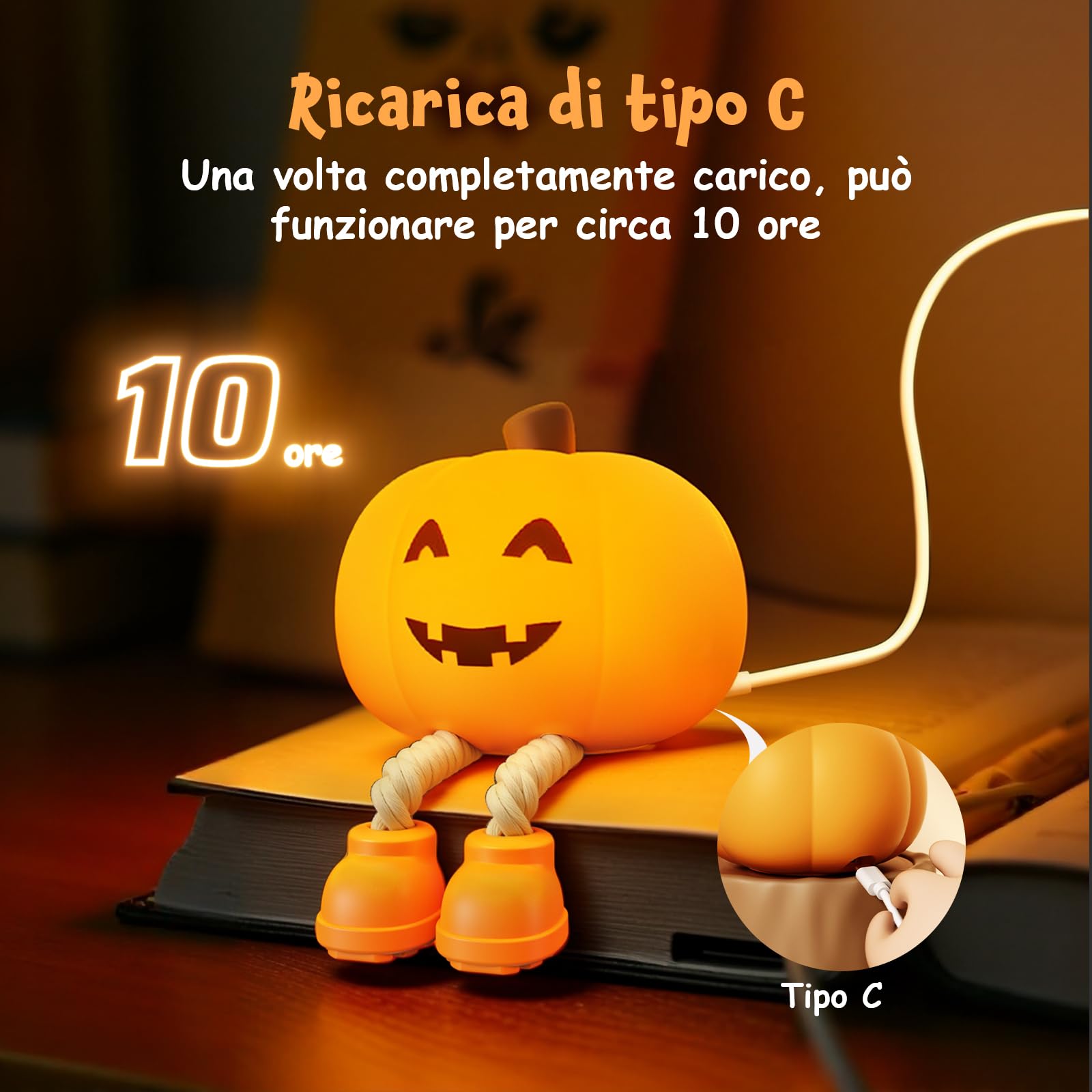 YISSVIC Halloween Decorazioni Luce Notturna Bambino Zucca Halloween Silicone Ricaricabile Tipo C con Timer Regalo Bambino Sorriso