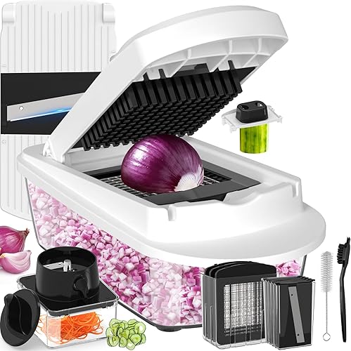 Miniatura 12 de Picador de verduras todo en uno de 8 cuchillas con contenedor, picador de alimentos, picador de cebolla, cortador de verduras para ensalada, Blanco