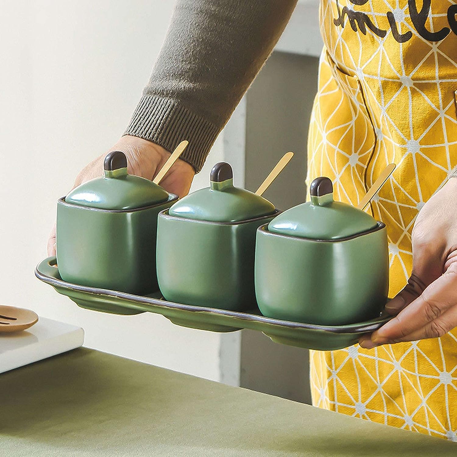 Salero Y Azucarero Cocina Recipiente De Cerámica Para Condimentos Con Tapas, Cucharas, Juego Tarros Para Especias, Organizador Para Sal Azúcar Caja De Almacenamiento