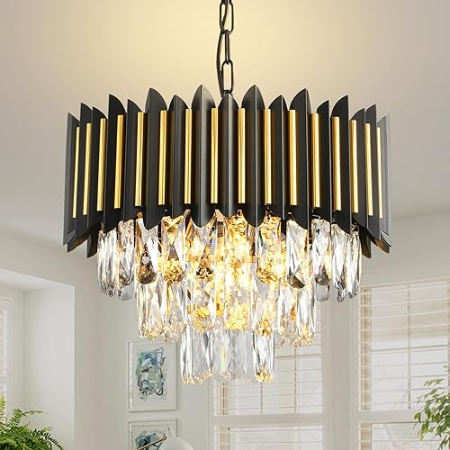 Modern Crystal Chandeliers 3 Tiers Black and Gold Chandelier Pendant Light Fixtures Round Flush Mount Chandeliers Ceiling Lighting for Living Room