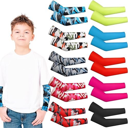 Xuhal 10 pares de mangas de brazo para niños, mangas de protección solar UV, mangas de compresión de enfriamiento para niños y niñas, deportes al