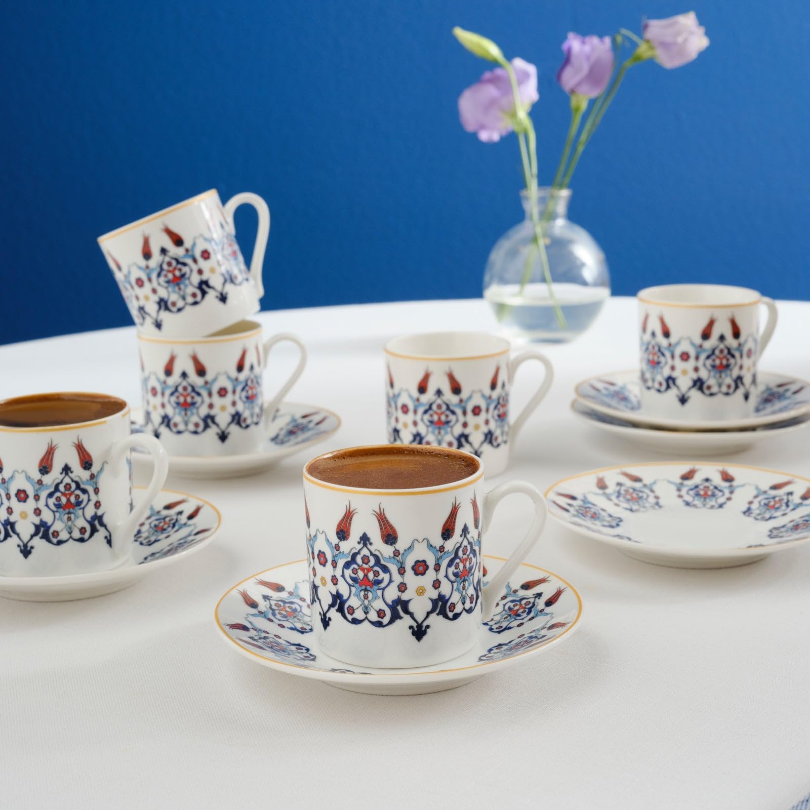 KARACA Haliç Mug Set for 6 People, 80 ml, Blue Figure - White, 12 Piece Set - Image 2