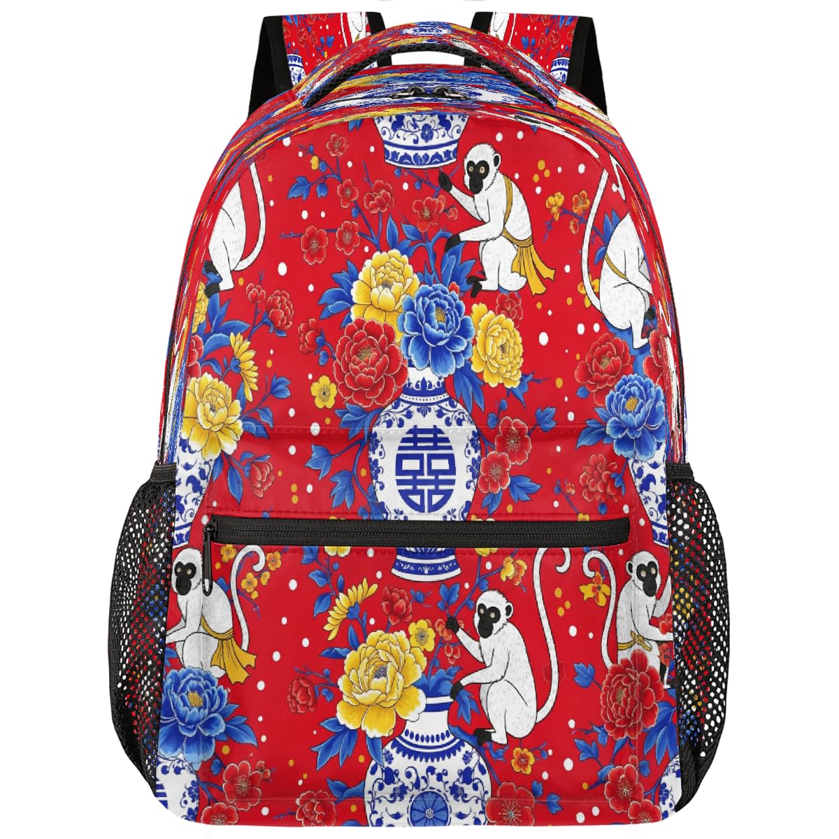 Mochila para estudiantes universitarios con diseño floral de mono chino 8