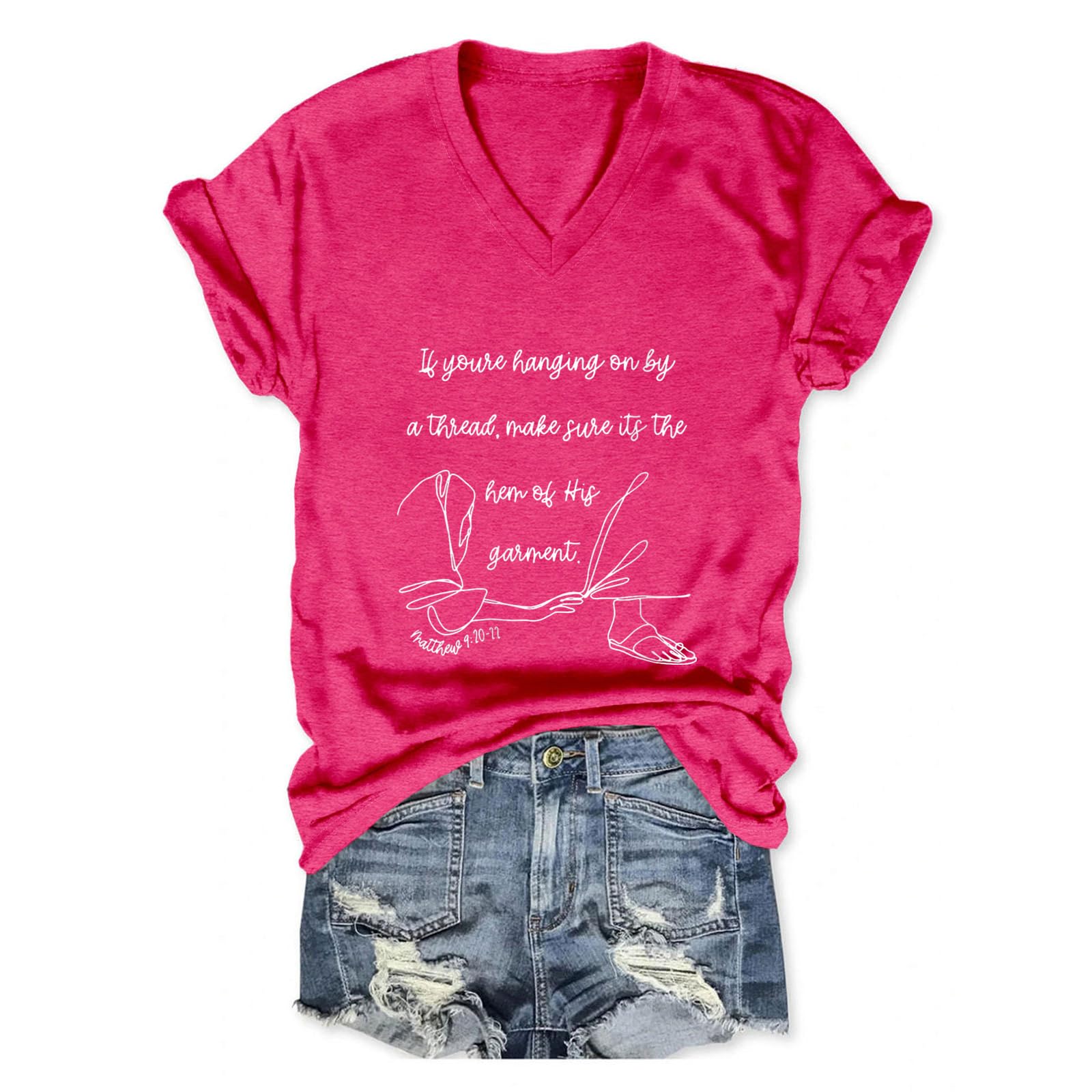 PUGIAF If You're Hanging On by A Thread Make Sure Its The Hem V Neck T Shirt for Women Casual Short Sleeve Summer Tops Rose Red