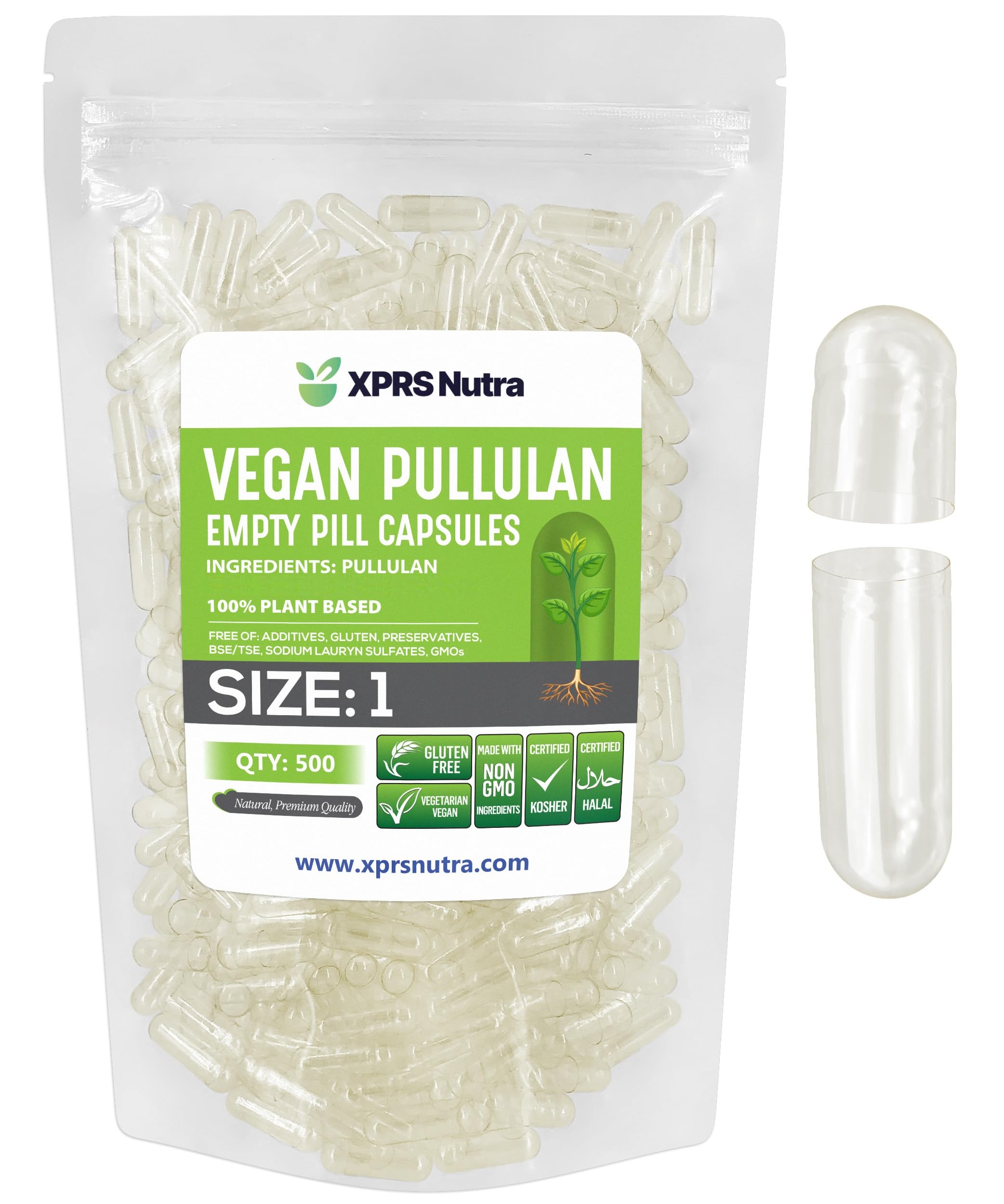 XPRS Nutra Size 1 Pullulan Empty Capsules - 500 Count Clean Label Plant Clear Empty Vegan Capsules - Premium Vegetarian Pills - Do-It-Yourself Vegetable Caps Filling