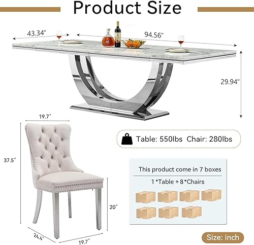 Miniatura 9 de Juego de mesa de comedor de mármol de 9 piezas para mesa de comedor grande de mármol blanco de 8 y 94 pulgadas con base de acero inoxidable en forma