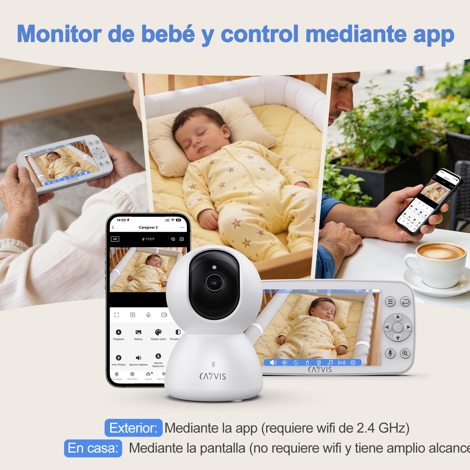 Vigilabebés con cámara de 1080P, 5" LCD-IPS - Cámara de bebé WiFi vídeo babyfone PTZ 360, visión Nocturna detección Movimientos cunas, Bebe Monitoreo Baby Phone