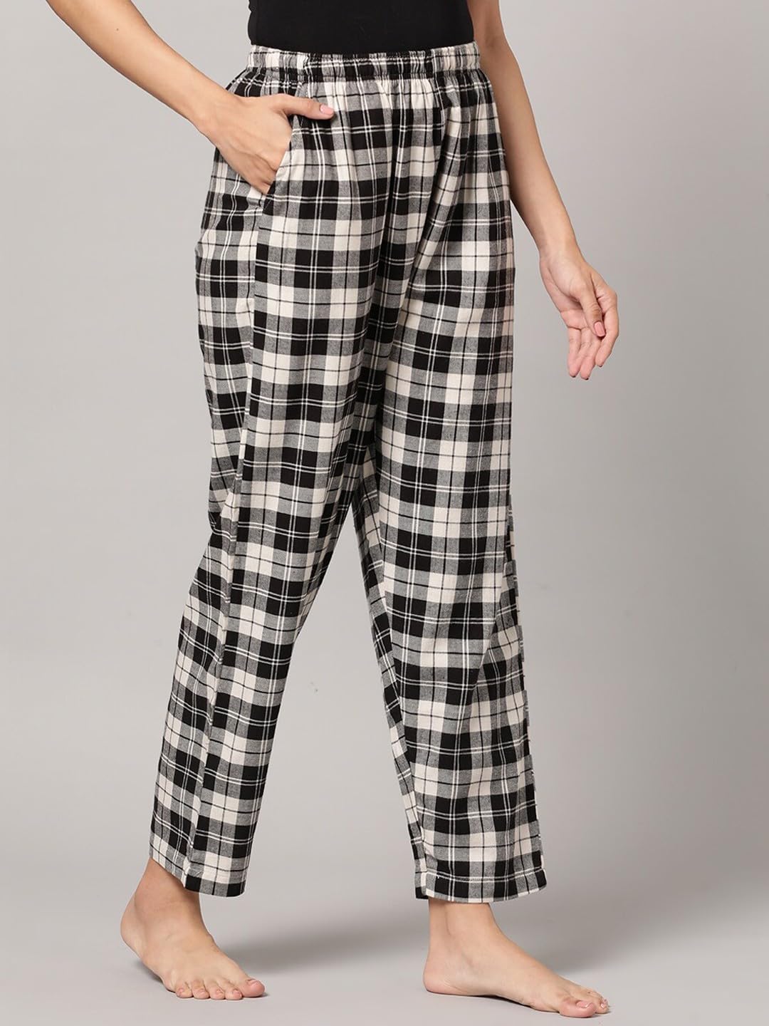 KRYPTIC Women Black/Cream Checked Lounge Pyjama - Pure Cotton, Relaxed fit, Ultra Soft(Black/Cream ;XL) - Image 3 thumbnail