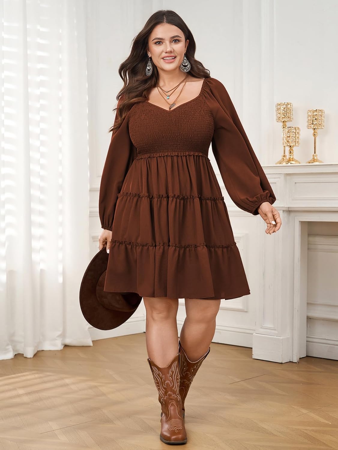 Plus Size Dresses for Curvy Women Smocked Long Sleeve Tiered Flowy Cute Short Fall Mini Dress - Image 5