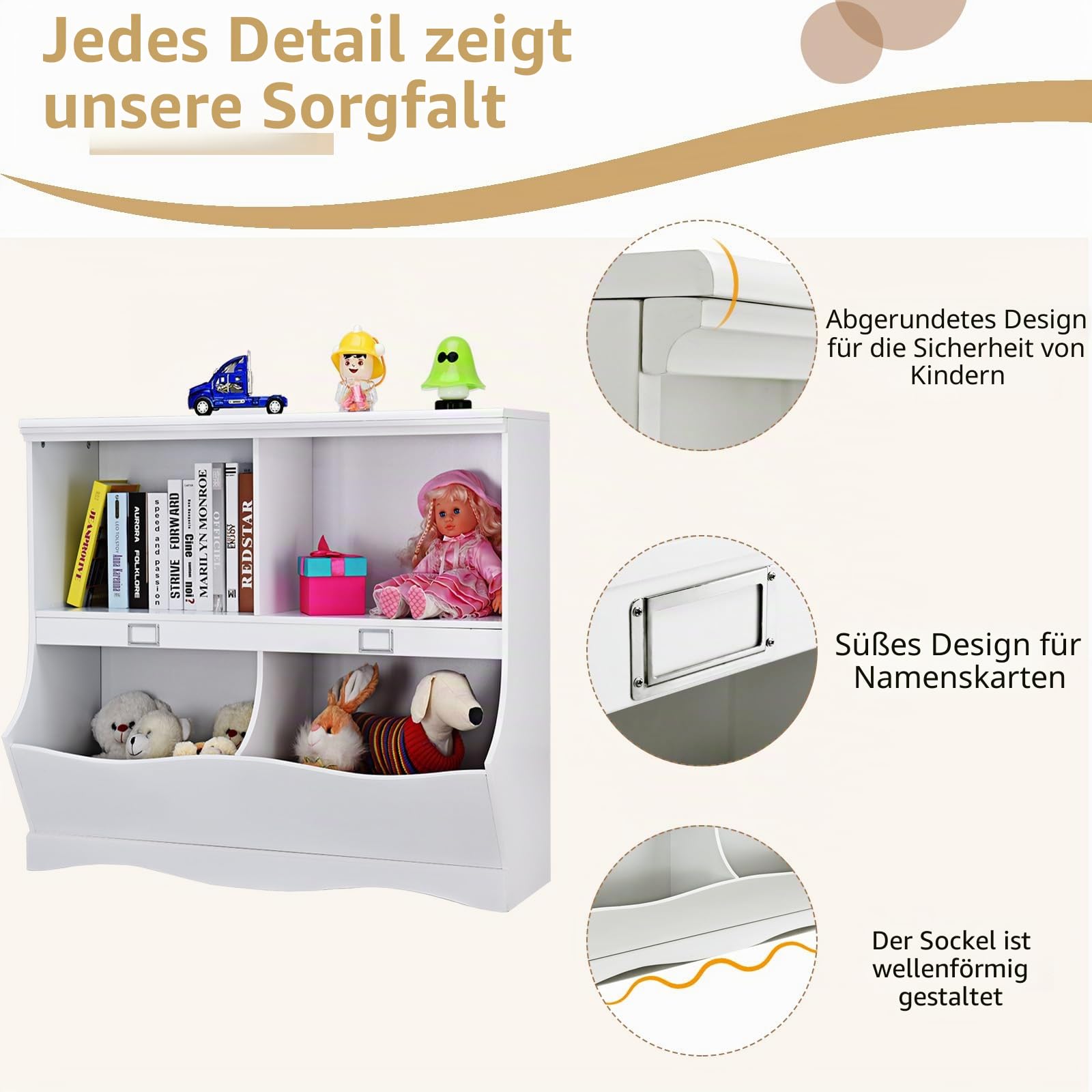 KOMFOTTEU Kinder Bücherregal groß, Spielzeugregal Kinderzimmerregal aus Holz, Spielzeugschrank mit 4 Aufbewahrungsfach, Kinderregal Organizer für Kinderzimmer Spielzimmer 105,5x39,5x84 cm Weiß
