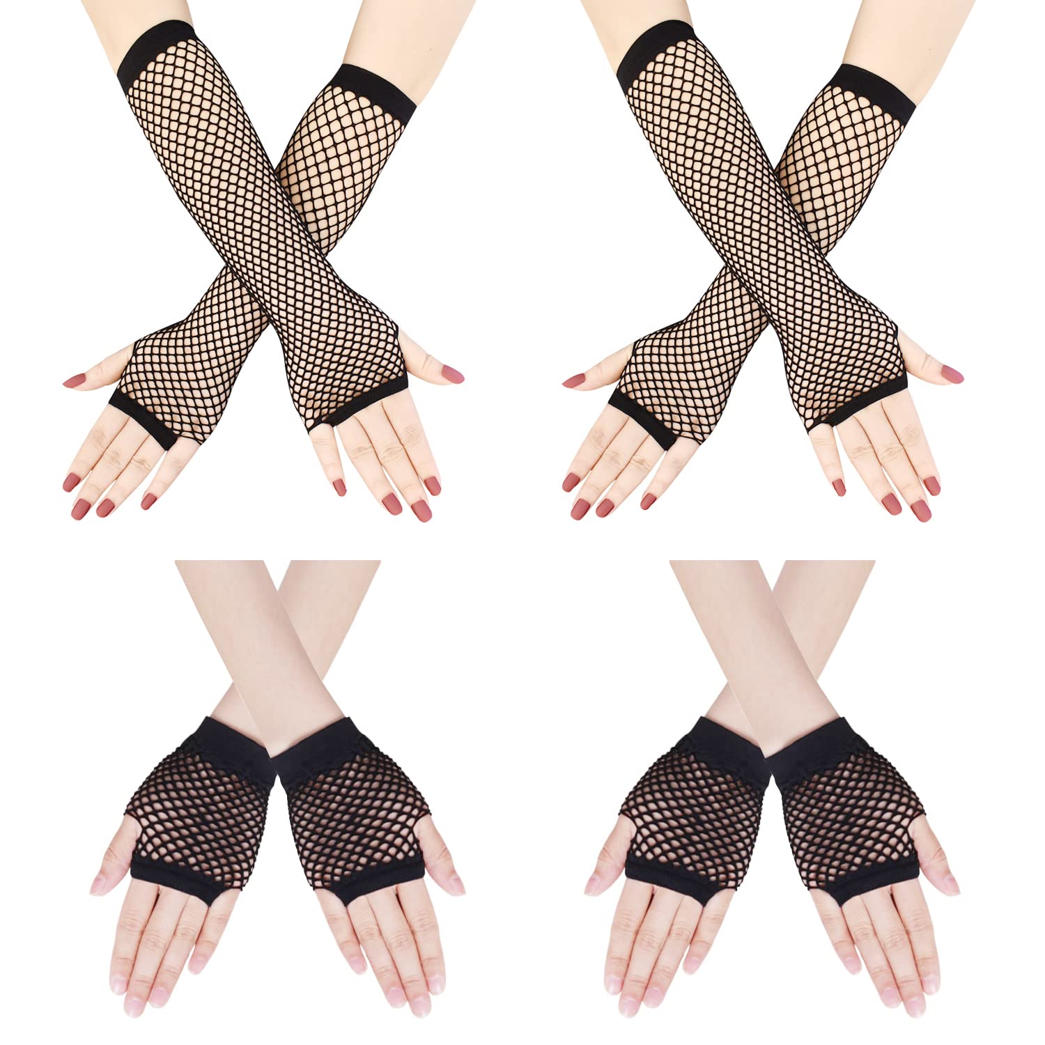 YUE QIN4 Pairs Fishnet Gloves Long and Short Fishnet Fingerless Gloves Stretchy Mesh Retro Gloves Women Hand Gloves for 80s Fancy Dress Costume Accessory Party Supplies