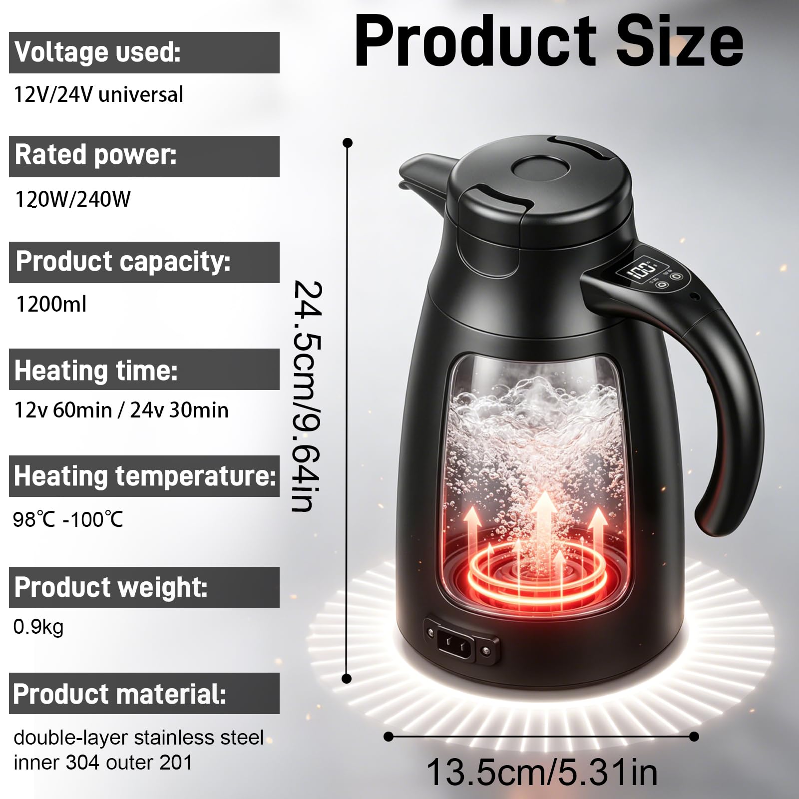 Hervidor Agua Electrico, Hervidor de Agua de 12 V/24 V para Coche 1,2 L | Termo de Acero Inoxidable Portátil con Adaptador para Encendedor de Cigarrillos para Agua Caliente Café Té, Coches Camiones