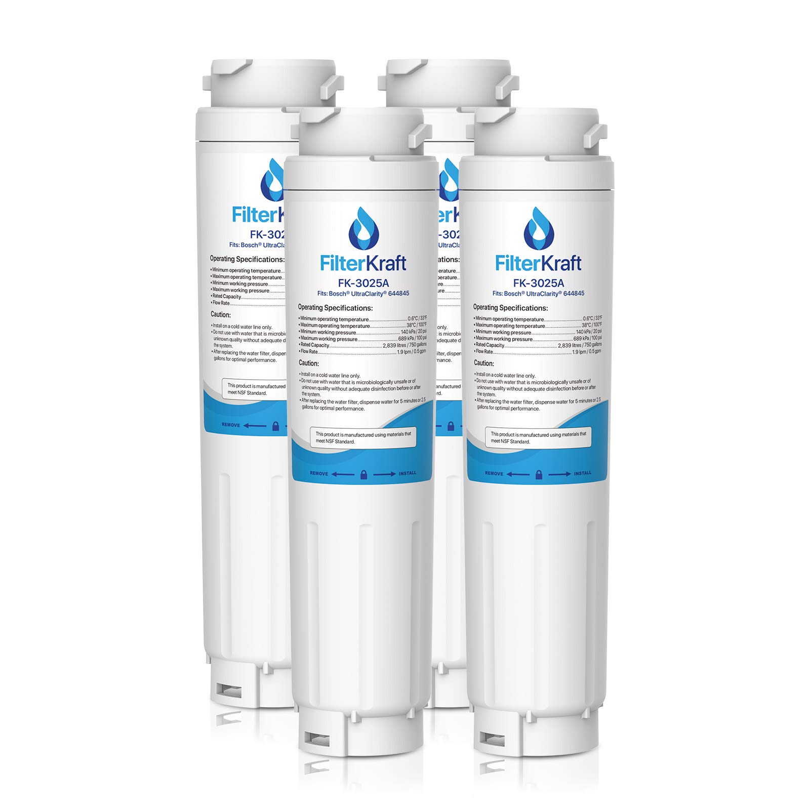 FilterKraft FK-3025A Compatible Fridge Freezer Internal Water Filter Cartridge Replacement for Bosch UltraClarity 644845, Thermador REPLFLTR10; Haier 0060218743 RF-2800-15; Rangemaster DxD 90170 (4)