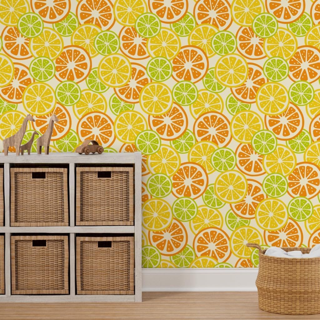 Peel & Stick Wallpaper 3ft x 2ft - Citrus Cream Orange Lime Lemon Fruits Fruit Custom Removable Wallpaper by Spoonflower