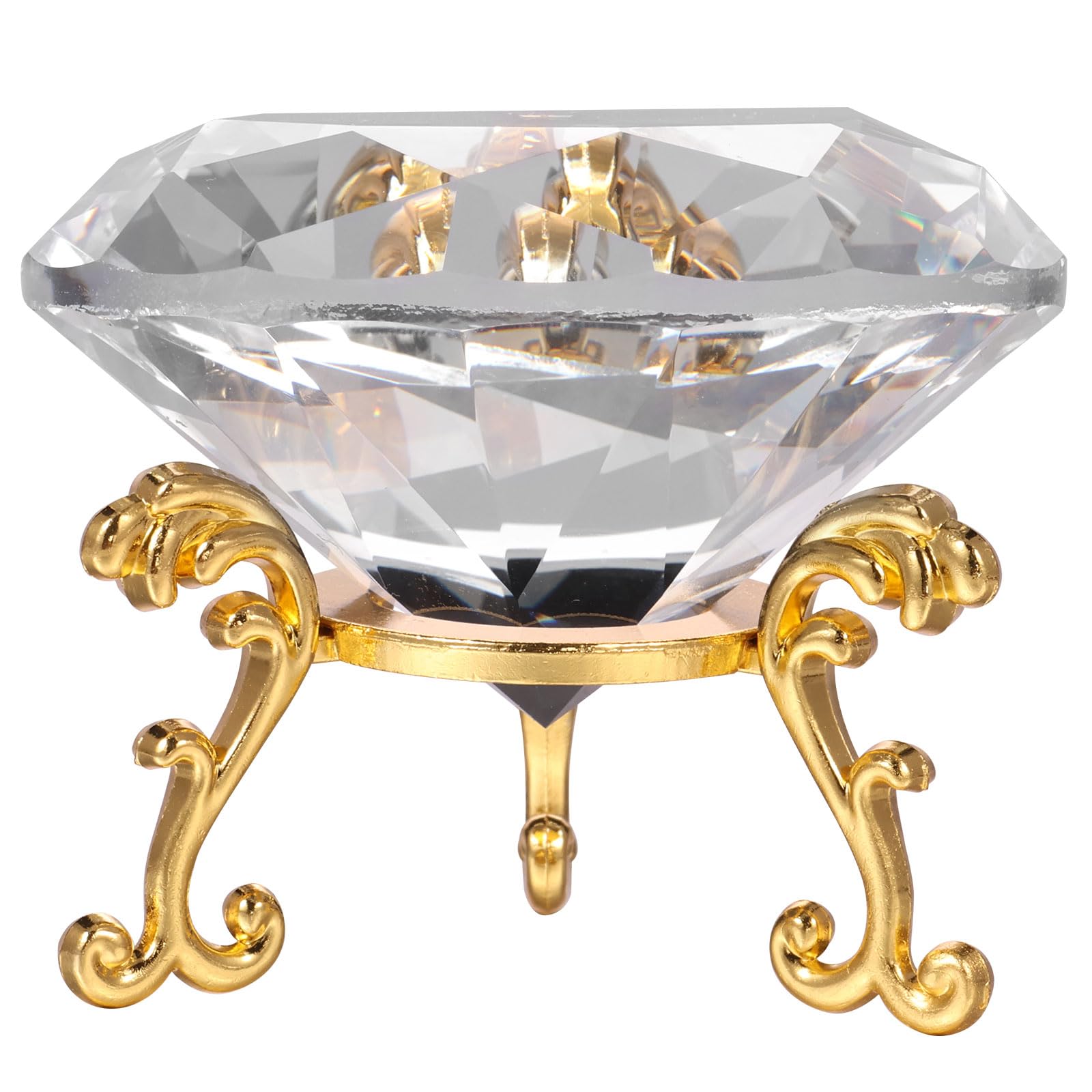 Ghshanog Crystal Diamond Paperweight,80mm Artificial Diamond Sparkling Crystal with Metal Base Stand, Jewelry Gems Paperweight Decoration for Home Office Parties Wedding(Golden)