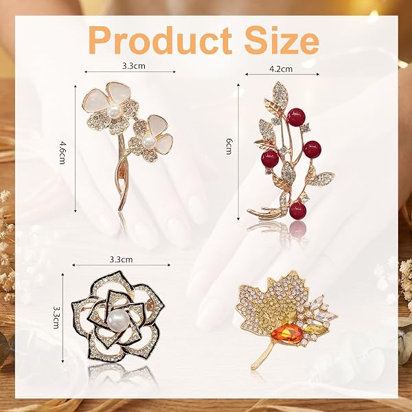 Set of 4 Flower Pins, Brooches for Clothes, Vintage Brooch for Women, Elegant Brooch Jewellery for Clothes, Brooch Jewellery for Leaf Shape, Fashion Rhinestone Brooches for Hats, Backpacks - 5