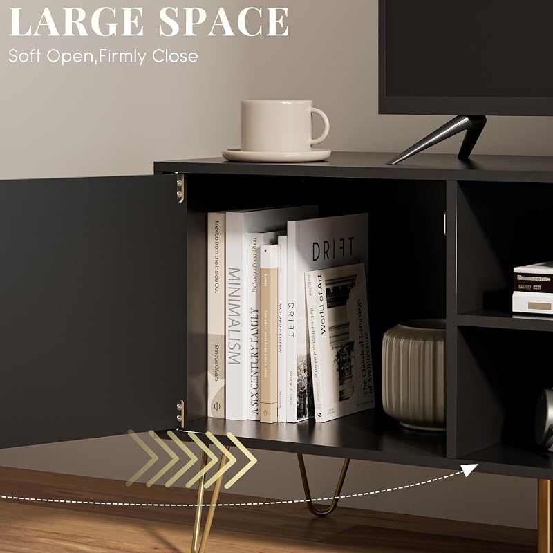 TV Stand for 55-65 inch TV, Entertainment Center with Soft Hinge Door,TV Console Table with 2 Cabinets with Gold Handle and Feet,for Living Room, Bedroom, Black image 7