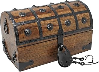 Nautical CovePirate Treasure Chest with Iron Lock and Skeleton Key - Wooden Storage and Decorative Box (Medium 11 x 6 x 6.75)