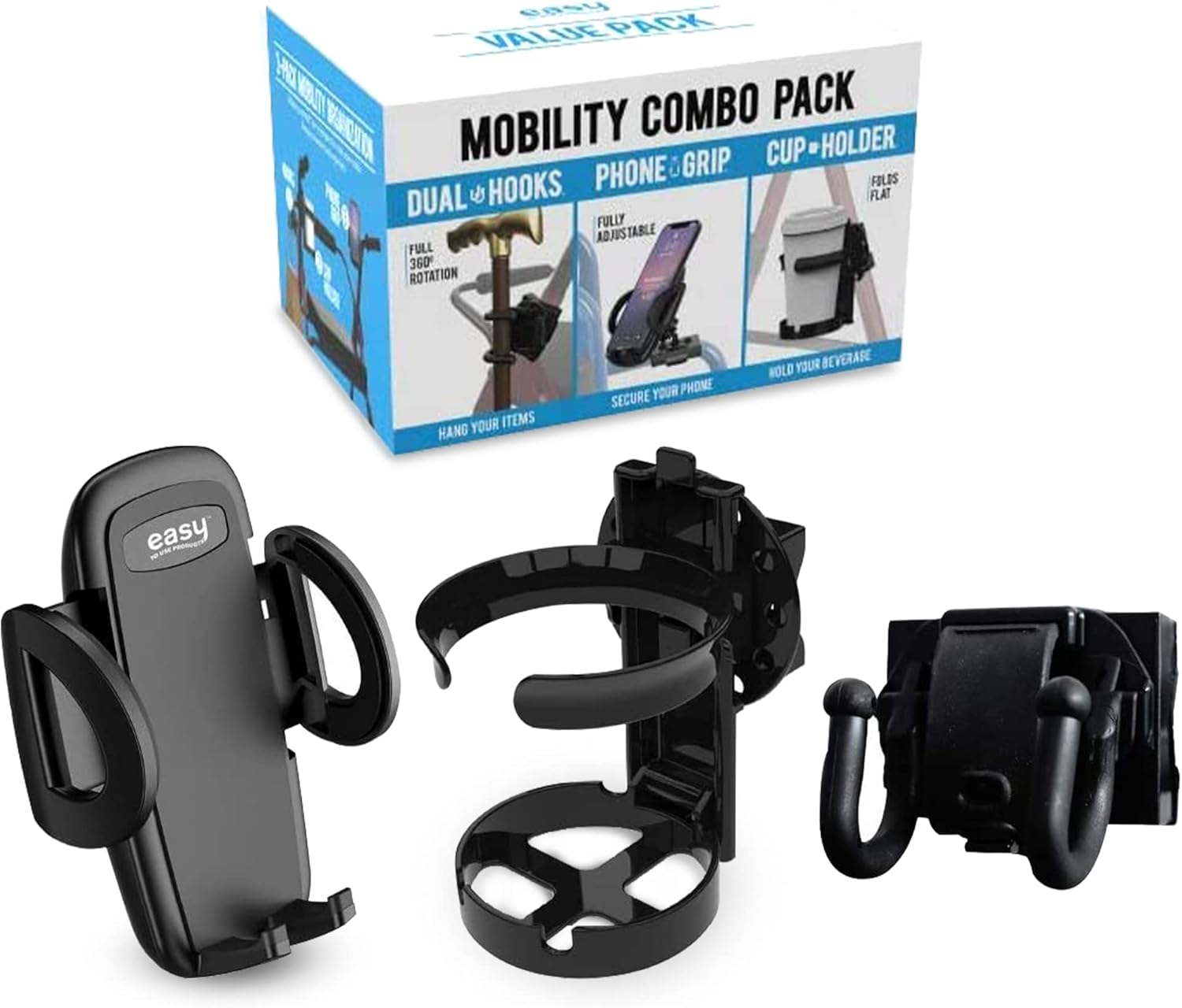 Mobility Combo Pack, Hook, Phone and Cup Holder for Walker, Portable Beverage Holder for Wheelchair and Strollers, Easy to Install Stretch Strap Fits up to 2” Diameter Mobility Combo Pack, Hook, Phone and Cup Holder for Walker, Portable Beverage Holder for Wheelchair and Strollers, Easy to Install Stretch Strap Fits up to 2” Diameter