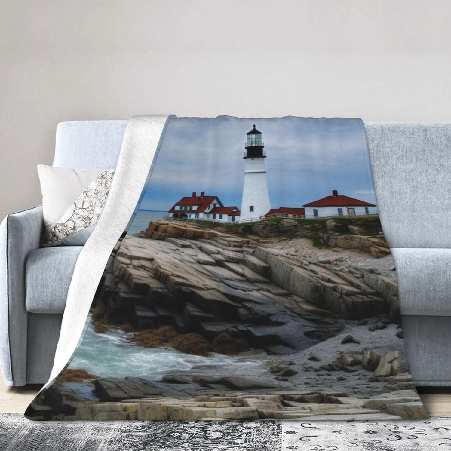 Sea Lighthouse Washable Fleece Throw Blankets, Blanket for Bed Couch Sofa, All Seasons Home Camper Travel 80"x60"