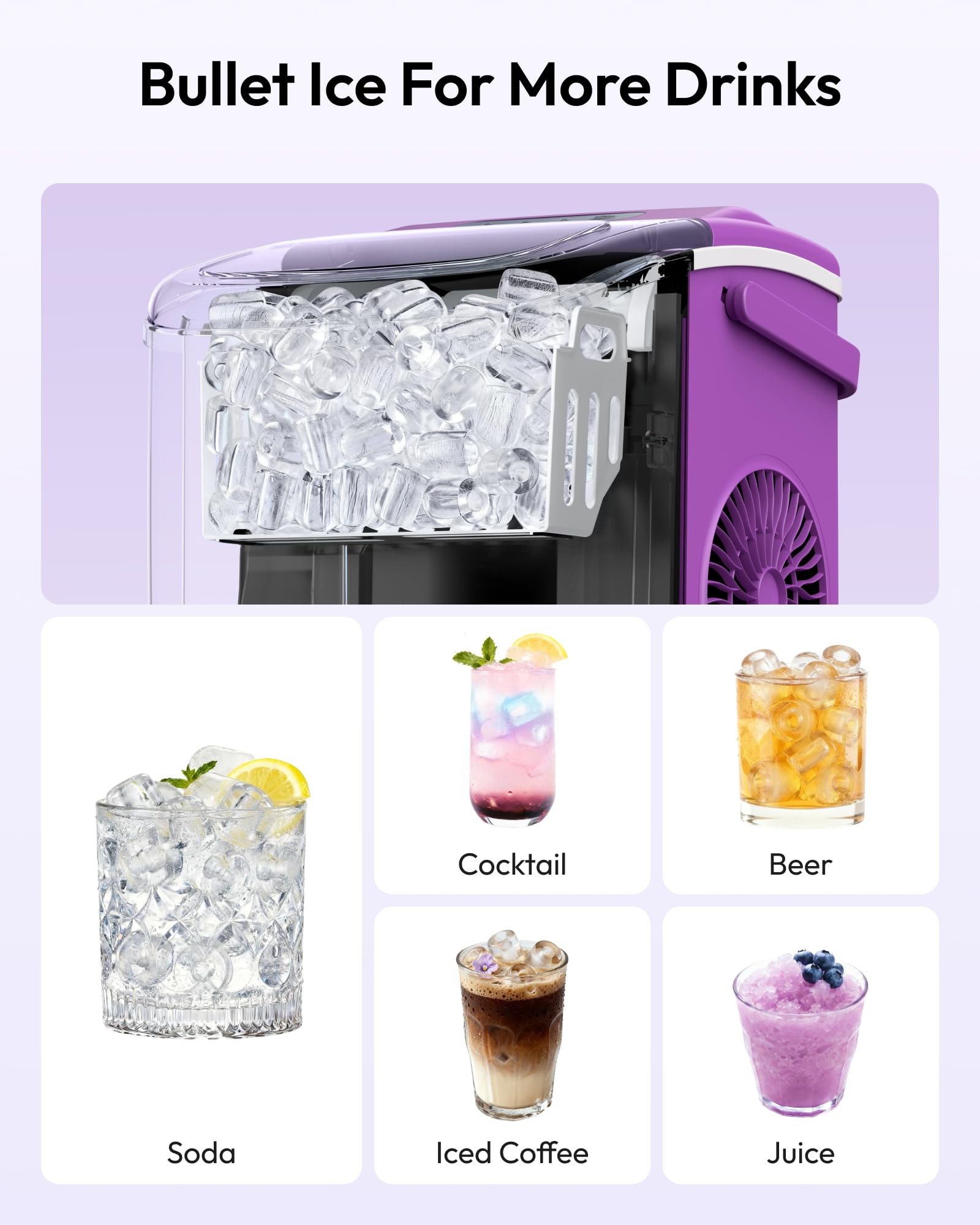 EUHOMY Countertop Ice Maker Machine with Handle, 26lbs Per Day, 9 Ice Cubes Ready in 6 Mins, Auto-Cleaning Portable Ice Maker with Basket and Scoop, for Home/Kitchen/Camping/RV (Purple) view 5