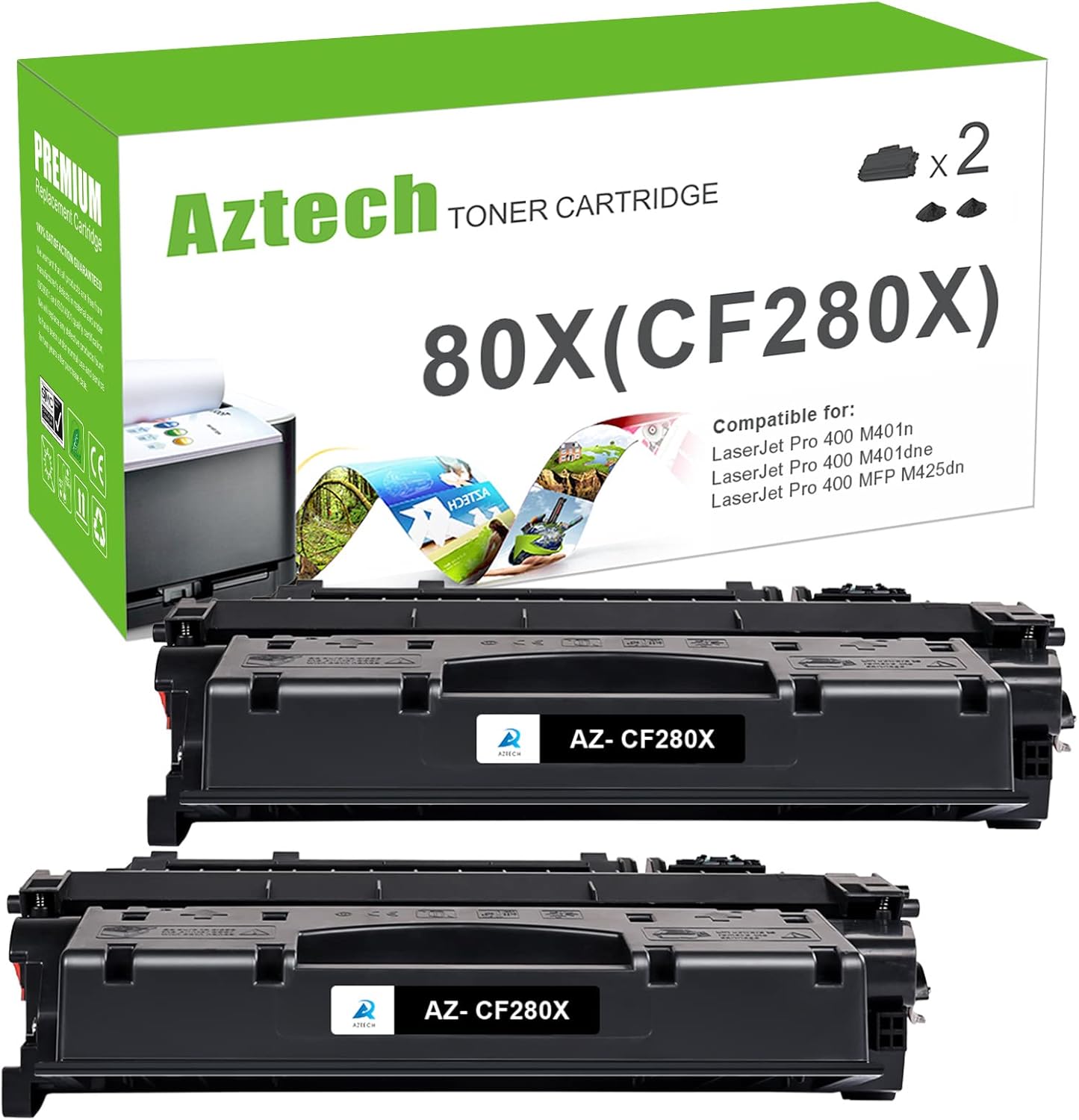 Aztech Compatible CF280X Toner Cartridge Replacement for HP 80X CF280X 80A CF280A Pro 400 M401A M401D M401N M401DNE MFP M425DN (Black, 2-Packs)