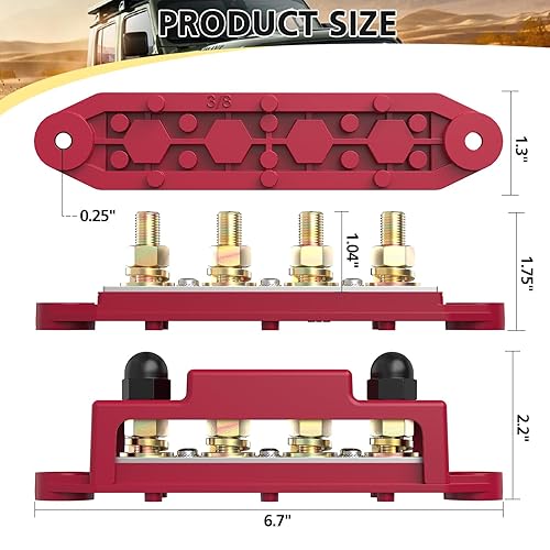 Vista 15 de MOFEEZ Barra de bus de bloque de distribución de energía, 4 postes de 3/8 pulgadas, 6 terminales de tornillos #8, máximo 48 V 250 A