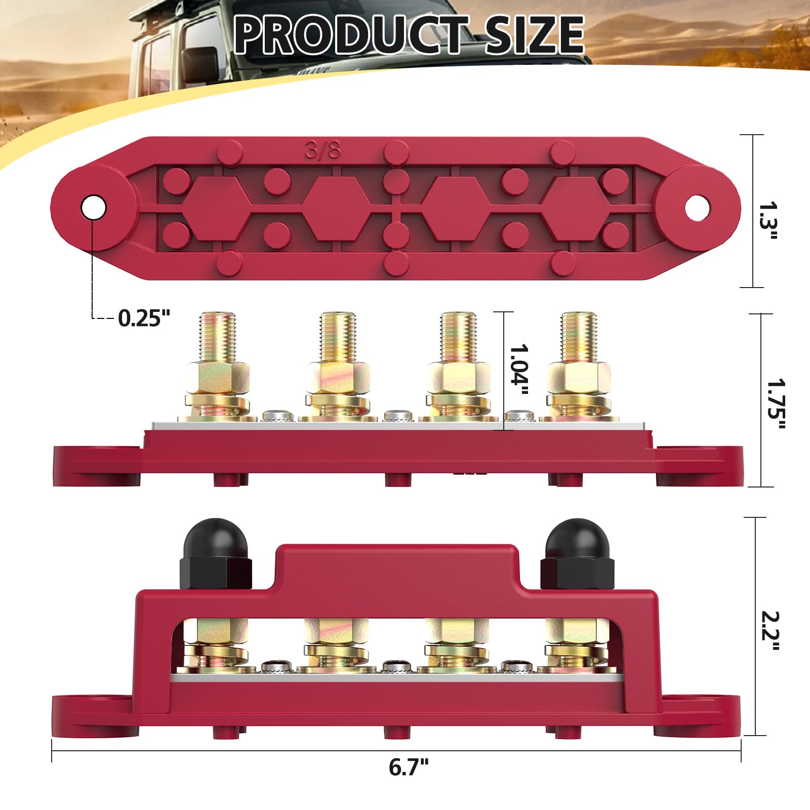 MOFEEZ Blocco di distribuzione dell'energia, 4 x 3/8 "Post Marine Bus Bar Batteria Morsettiera con copertura, capicorda e terminali ad anello (coppia, rosso e nero)