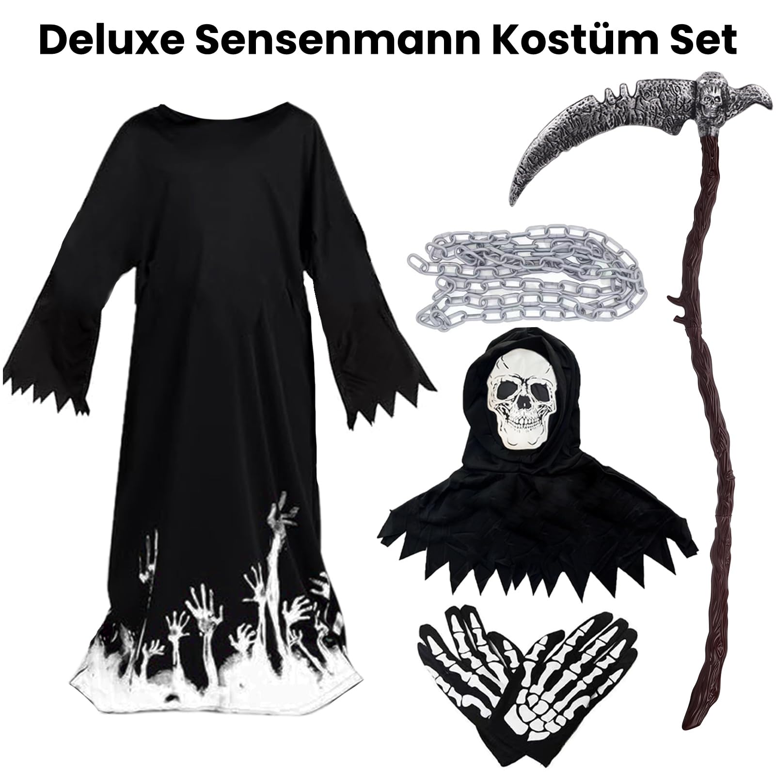 Kostium Grim Reaper dla dzieci z kosą i łańcuszkiem w talii, Deluxe Glow in The Dark Halloween kostium chłopca ponury żniwiarz Grim Reaper kostium na Halloween, karnawał, fantazyjny strój