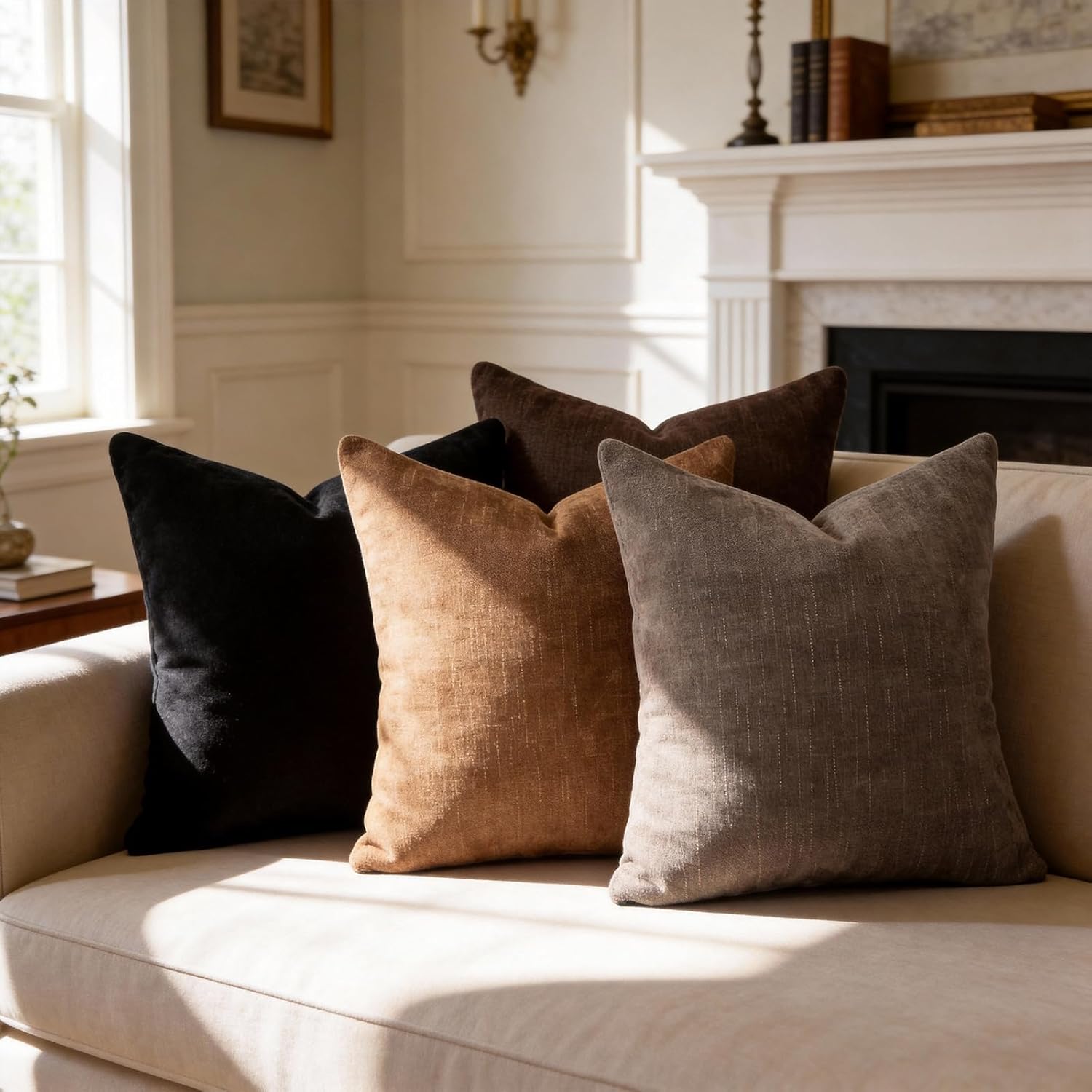 Neutral Brown/Black Throw Pillow Covers 18x18 Set of 4, Textured Faux Linen Couch Pillow Covers, Square Accent Solid Cushion Cases for Sofa Bed Living Room Farmhouse Home Decor