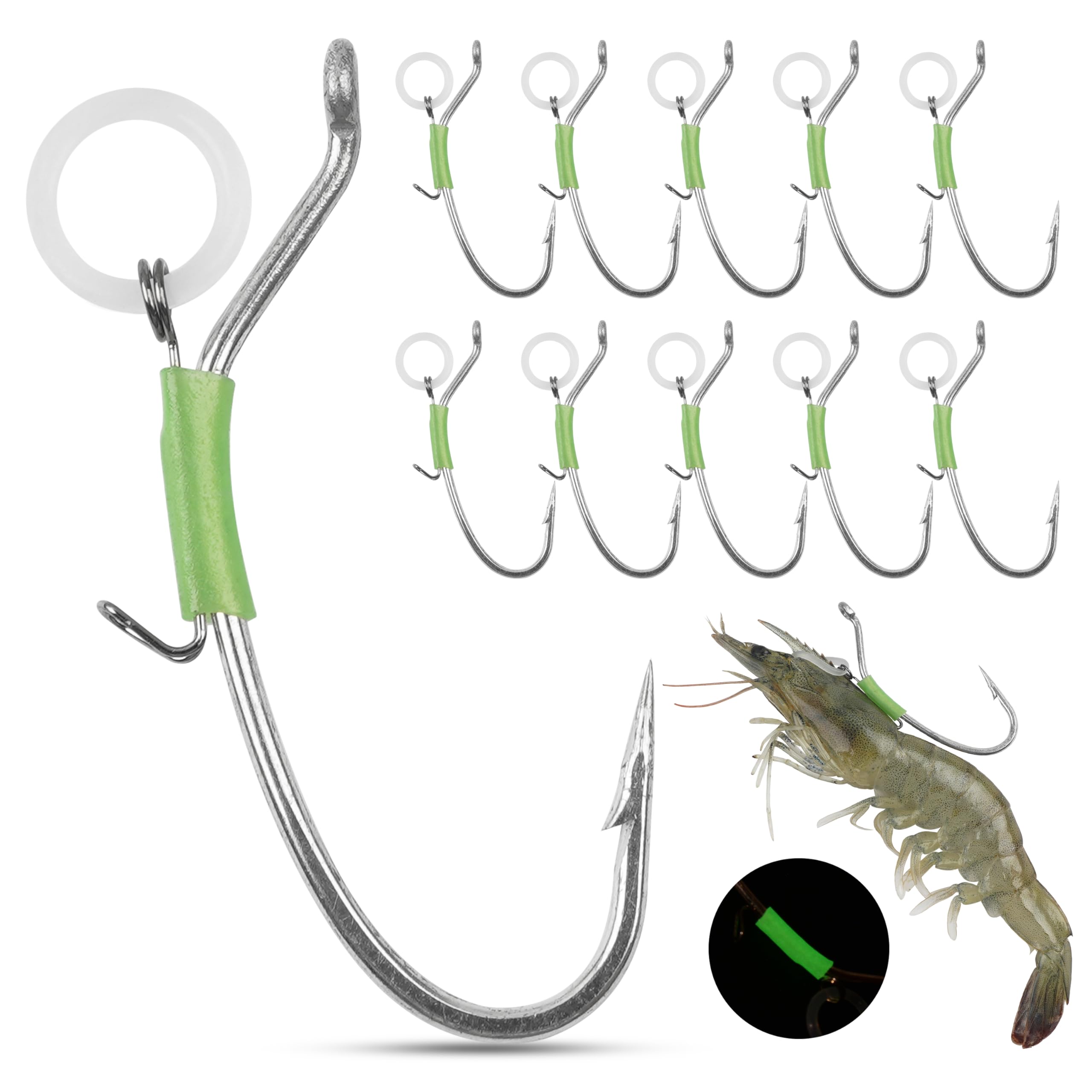 Luminous Live Shrimp Hooks - 10pcs/15pcs High Carbon Steel Fishing Hooks Barbed Strong Hooks Saltwater Freshwater Shrimp Walker for Bass Groupers Pike Catfish, 1/0 2/0 3/0