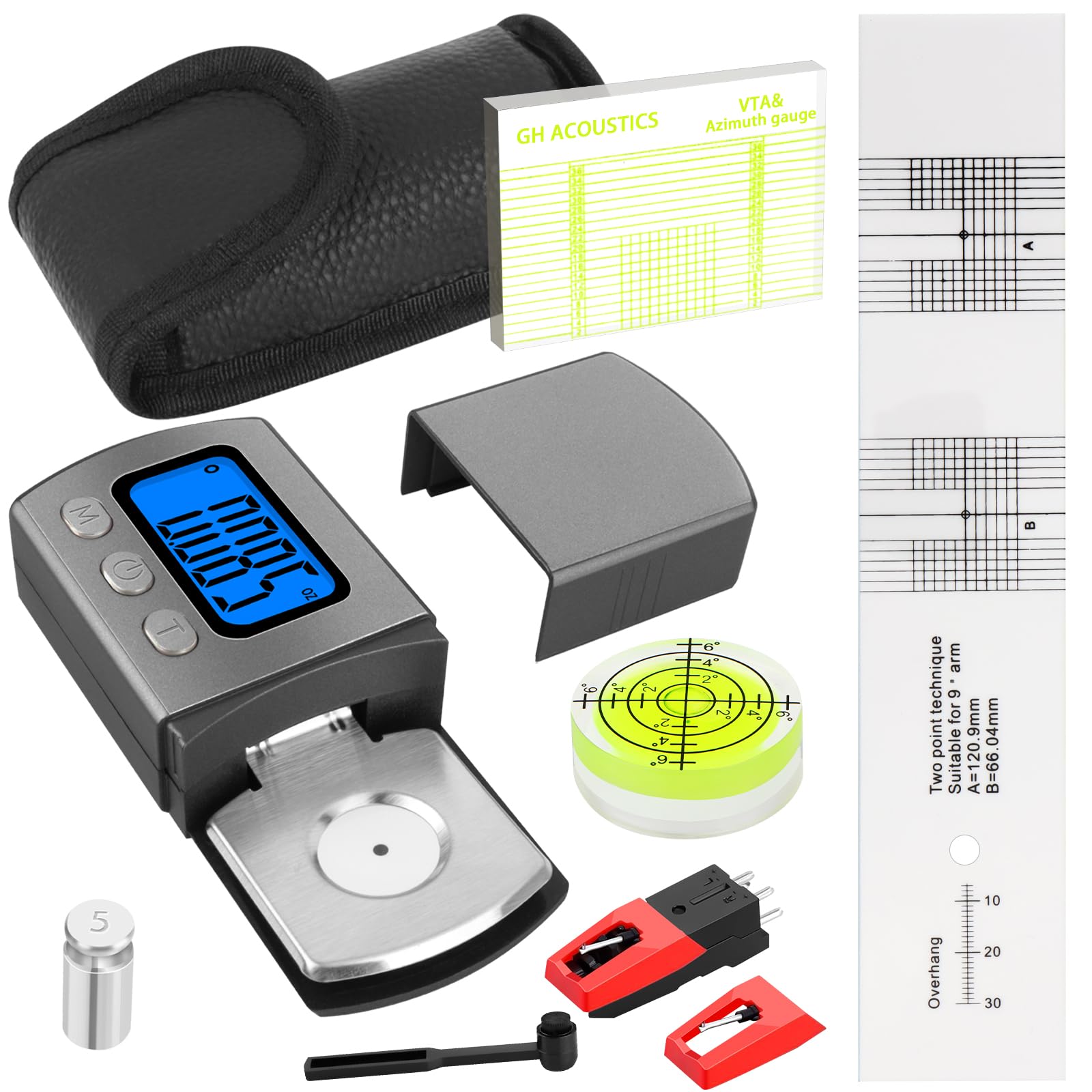 Lot de 4 Juego de Ajuste para Tocadiscos, con Digital Turntable Stylus Fuerza Escala Gauge, Azimut, Nivel de Burbuja y Transportador de Alineación de Cartucho, Juego de Aagujas