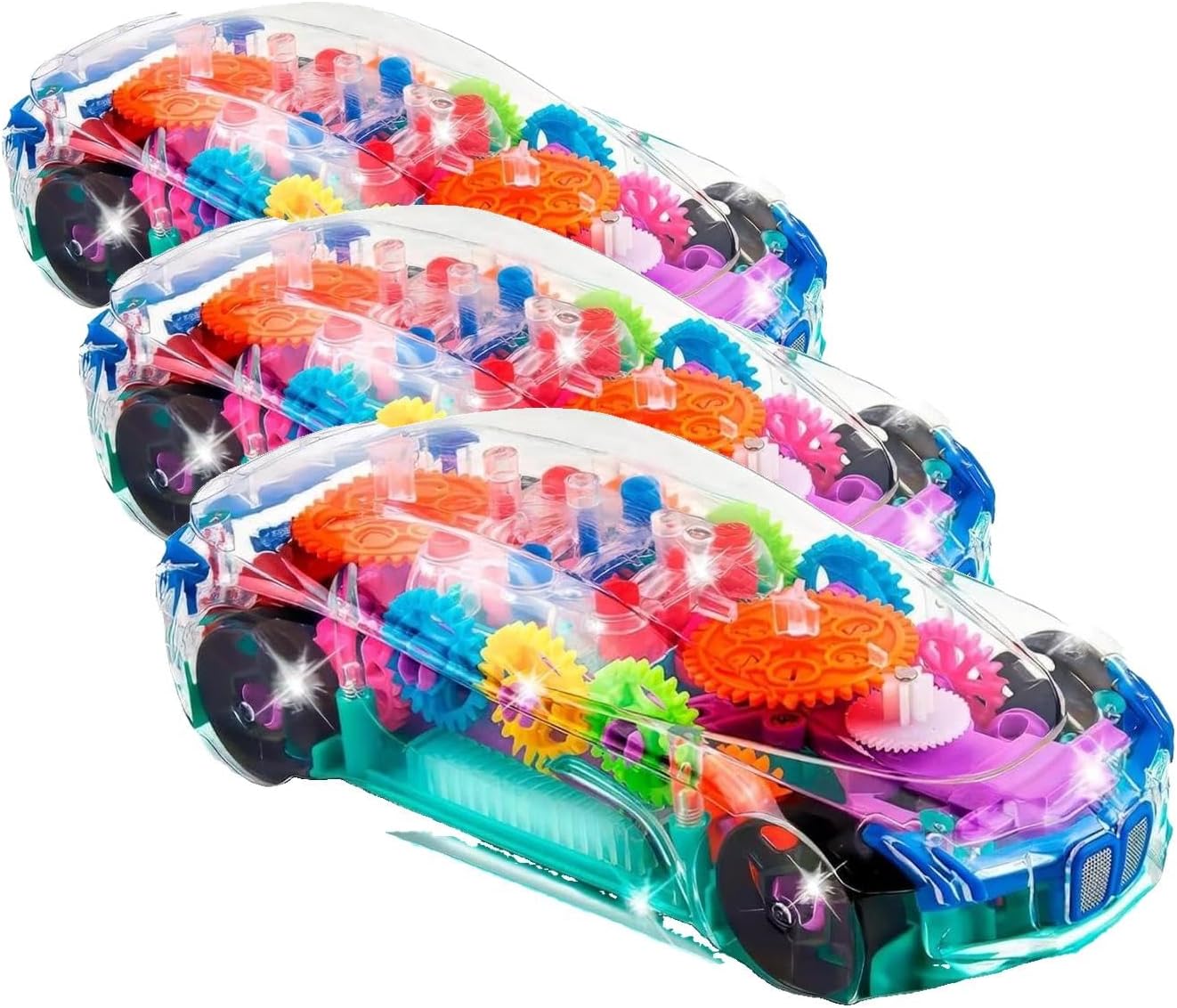 ArtCreativity Light Up Transparent Sensory Car Toy for Kids, 1PC, Bump and Go Toy Car with Colorful Moving Gears, Music, and LED Effects, Easter Toys for Toddlers, Great Birthday Gift Idea (Pack of 3)