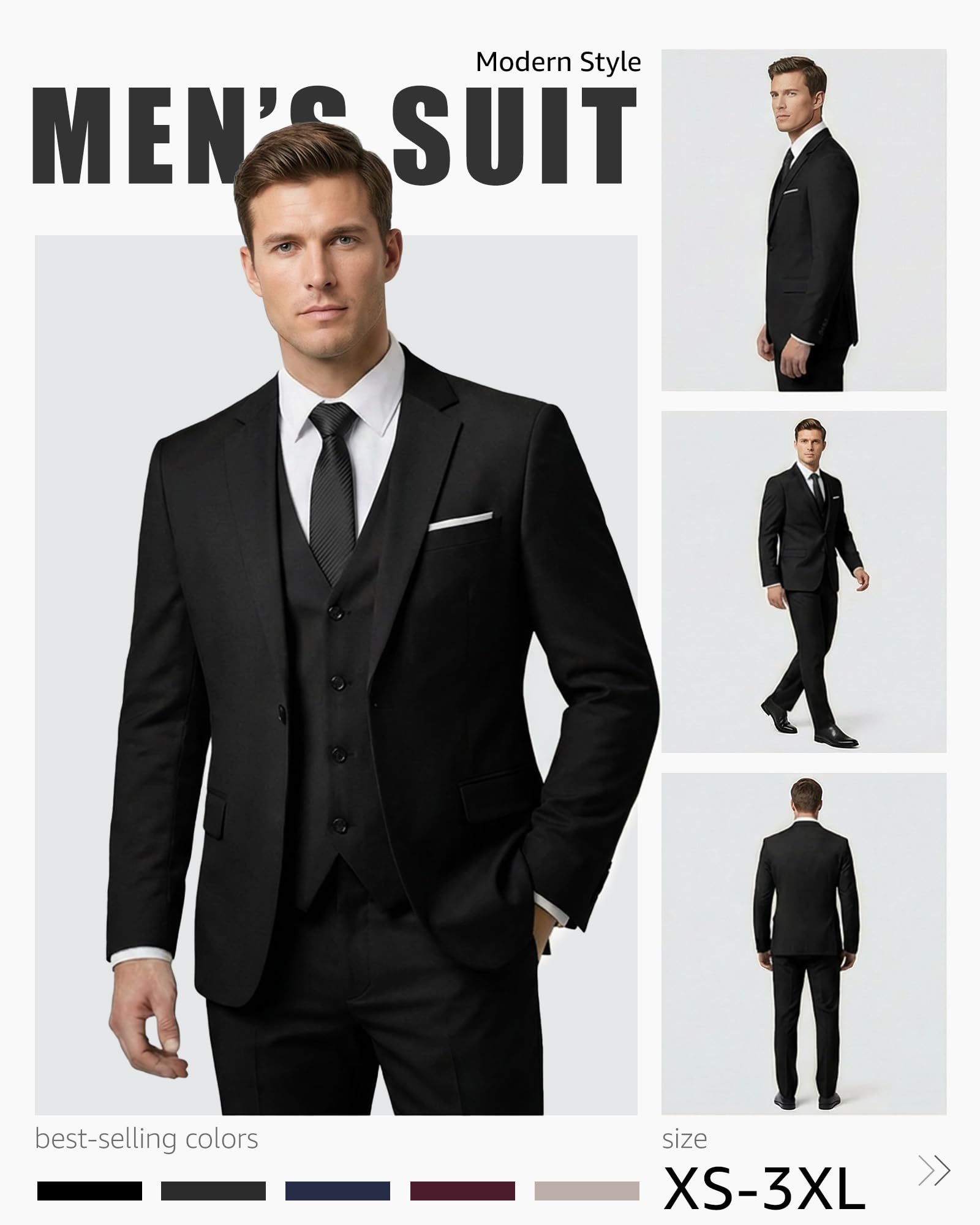 YND - Traje ajustado de 3 piezas para hombre, juego de chaqueta lisa con un botón, chaleco, pantalones y corbata