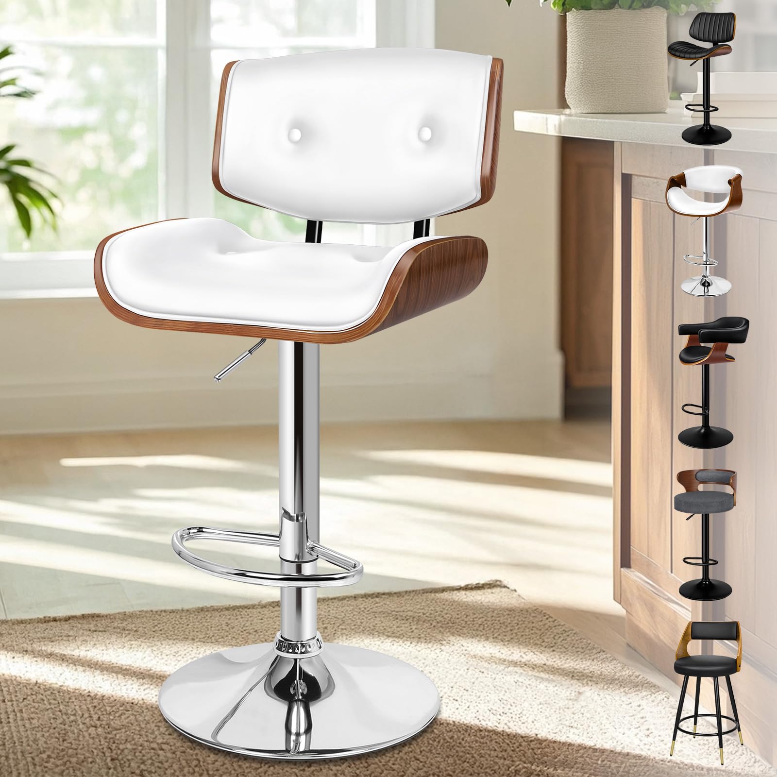 ALFORDSON Bar Stools, Wooden Breakfast Bar Stool with Back, 360° Swivel PU Leather Kitchen Barstools with Footrest, Height Adjustable Armless Counter Chairs for Home Bar, Kitchen Island, White, 1PC