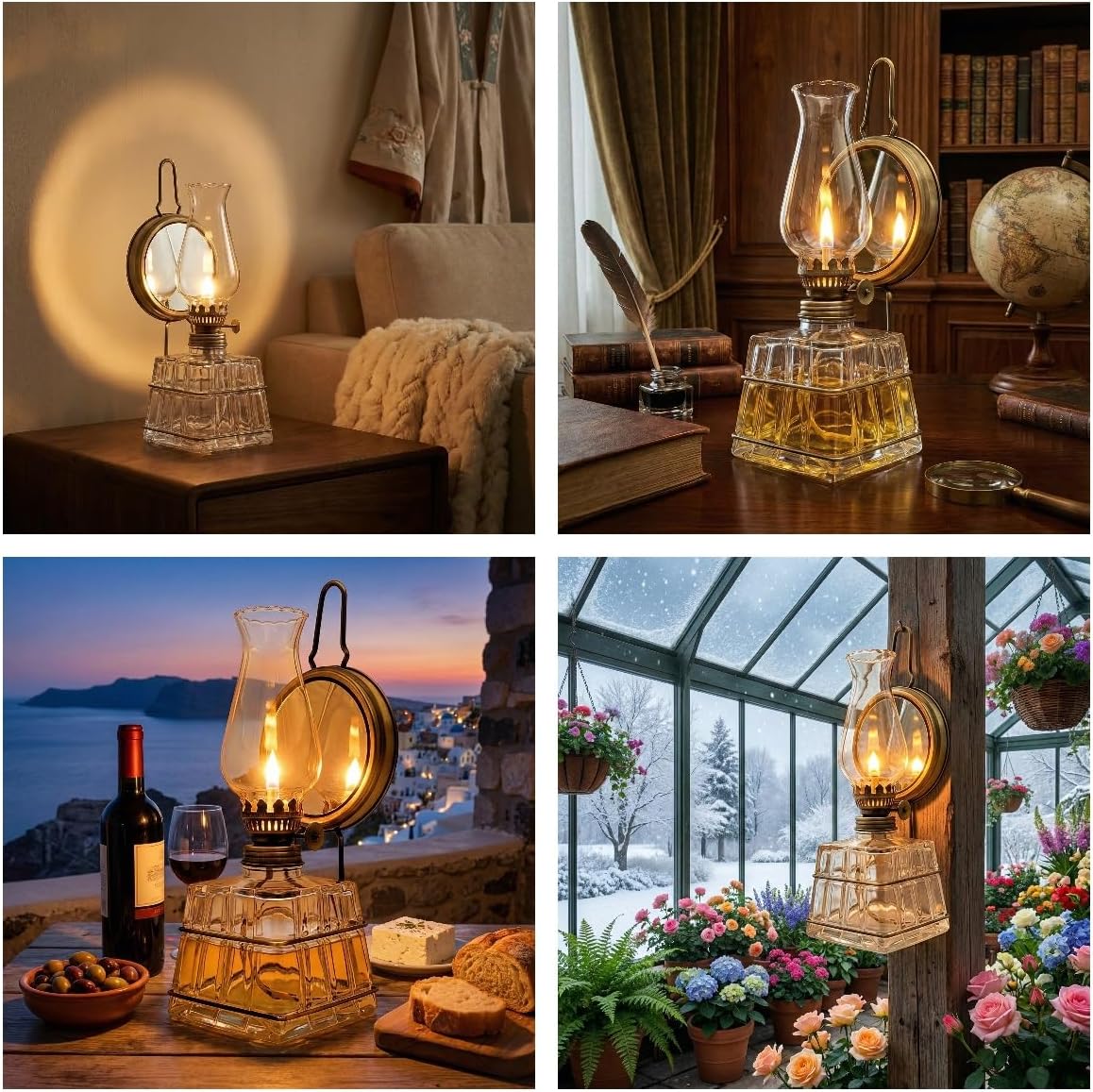 Vintage Glass Oil Lamp, Tabletop & Wall Mount Kerosene Lamp with 330ml Oil Capacity, 10.24" Retro Decorative Hurricane Lamp for Home Decor, Gift & Emergency Lighting(Antique Bronze)