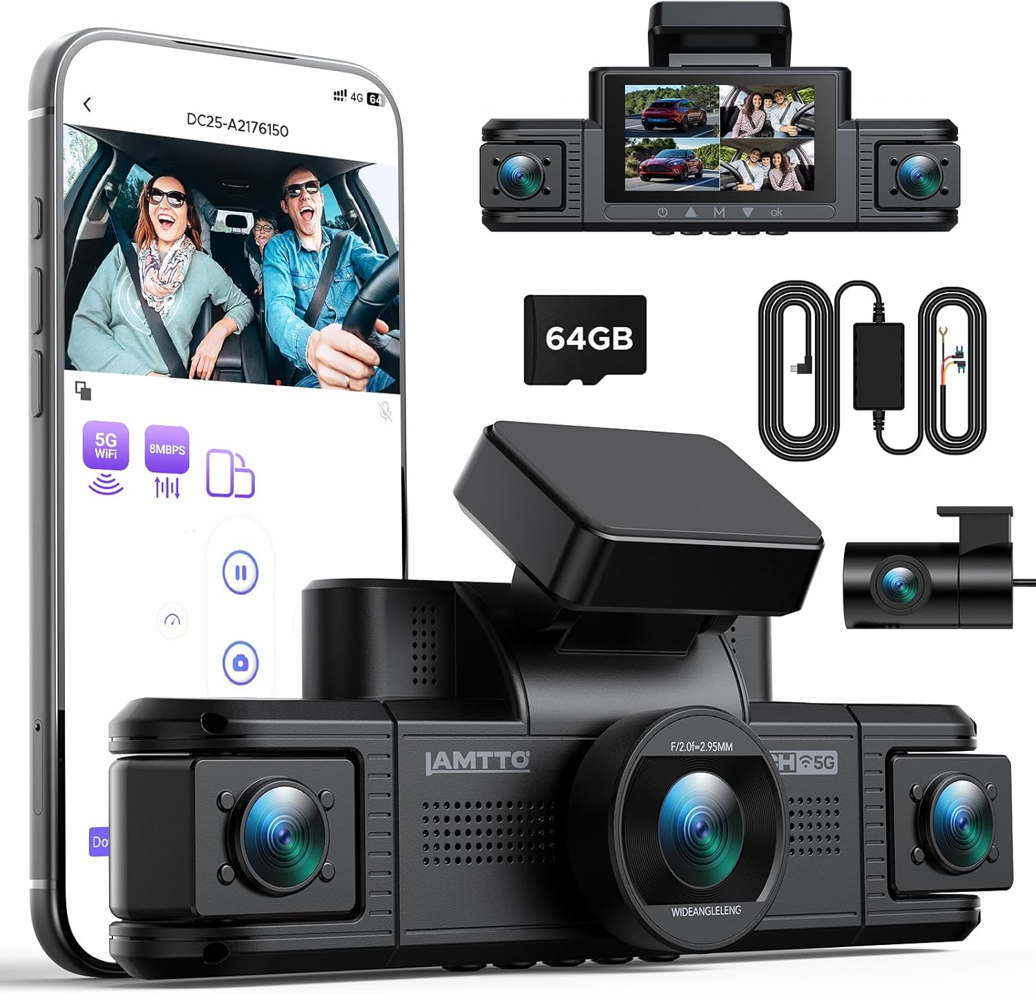 LAMTTO Dashcam 4 Canali 360°Telecamera Auto 2K Fronte 1080P Retro Interno Laterali, WiFi 5GHz, Sensore G, Kit Hardwire per Sorveglianza Parcheggio, Videocamera per Taxi e Sicurezza Stradale