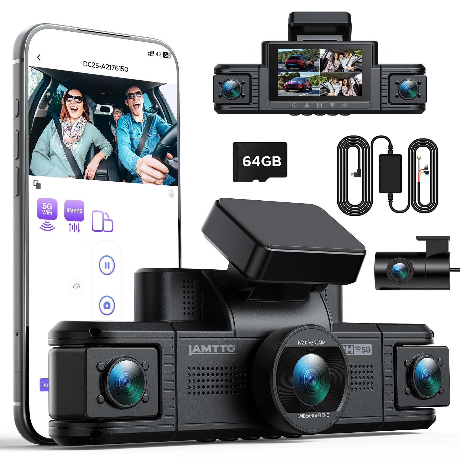 LAMTTO Dashcam 4 Canali 360°Telecamera Auto 2K Fronte 1080P Retro Interno Laterali, WiFi 5GHz, Sensore G, Kit Hardwire per Sorveglianza Parcheggio, Videocamera per Taxi e Sicurezza Stradale