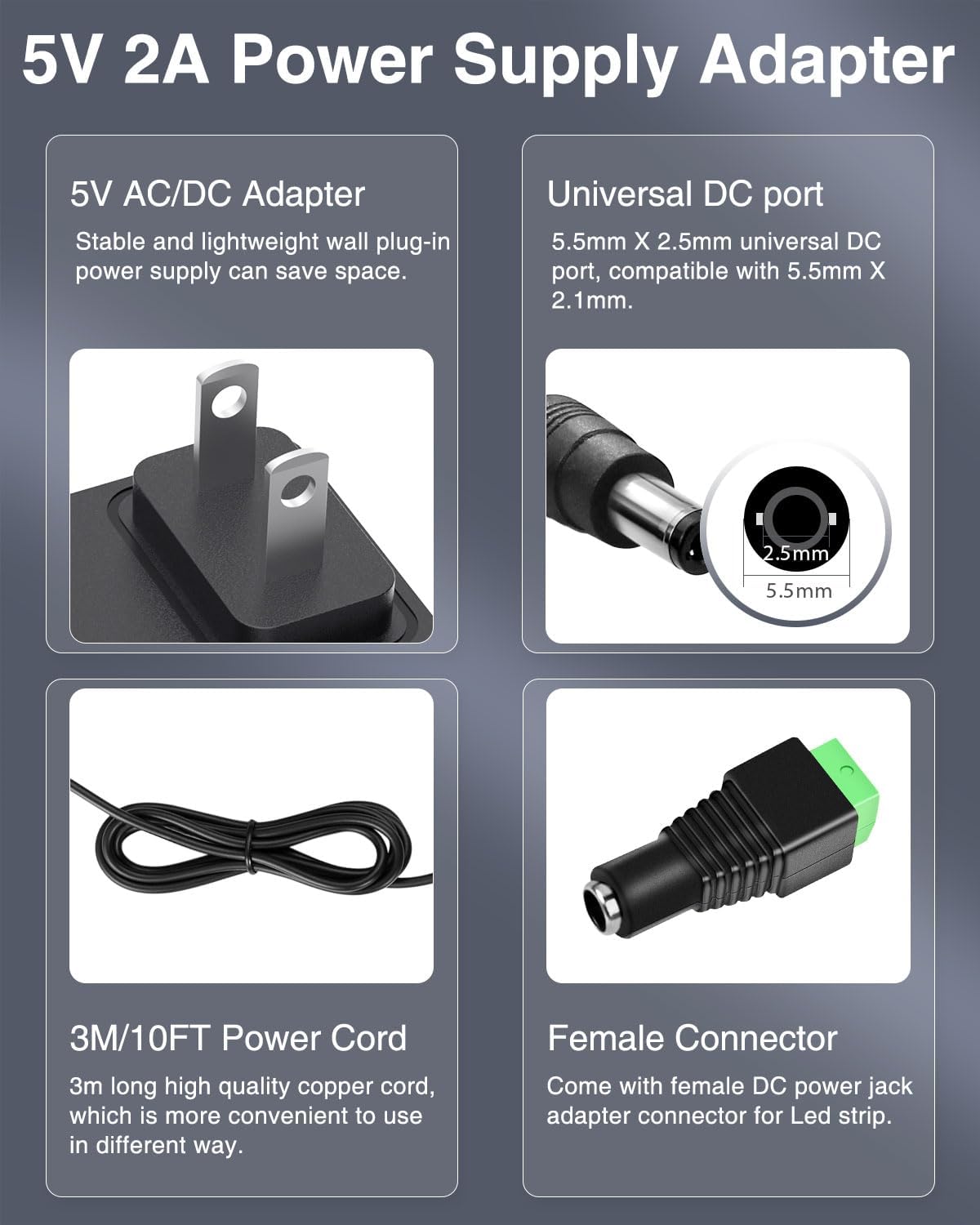 5V 2A Power Supply 5Volt 2Amp AC Adapter 100-240V DC 5V Power Cord 10FT with DC Female Tip for Electronic Devices Below 2A and 2000mA