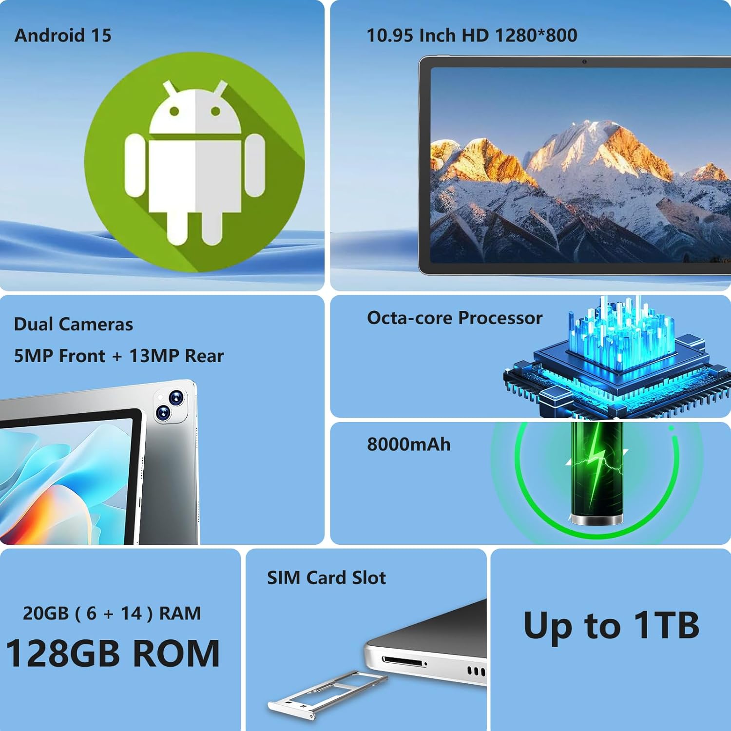 NOBKLE 11 Inch Android 15 Tablet with 4G LTE SIM Slot, 20GB RAM 128GB Storage, Octa-Core Processor, HD IPS Display, Quad Speakers, WiFi, Bluetooth, Long Battery Tablet for Work Study Travel Silver