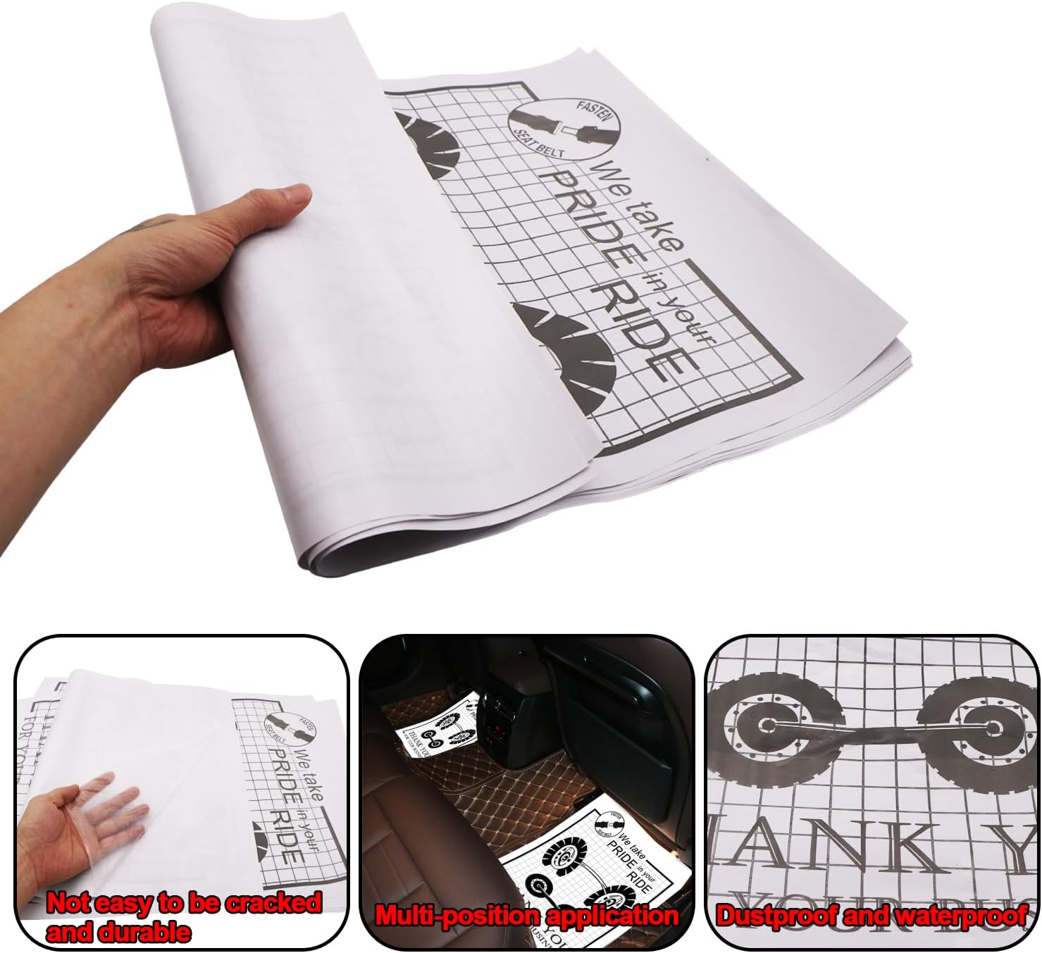 100-Pack Disposable White Paper Car Floor Mats 19x15 Inch, Universal Fit Auto Floor Protectors for Car Wash & Detailing - Non-Slip Portable Vehicle Foot Pads with Wheel Design