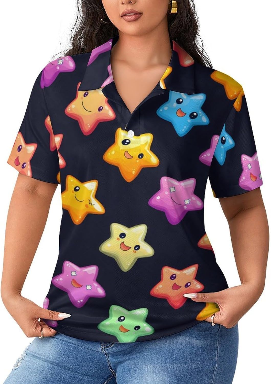Colorful Stars Womens Golf Polo Shirts Summer Short Sleeve Collared 3 Buttons T Shirt Activewear Tops
