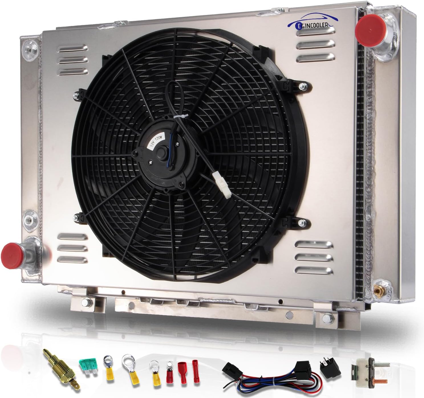 4 Row Core Aluminum Radiator+ Shroud Fan+ Relay for 1961-1966 Ford Thunderbird T-Bird 6.4L 6.6L 7.0L All Aluminum Radiador Radiators 1962 1963 1964 1965